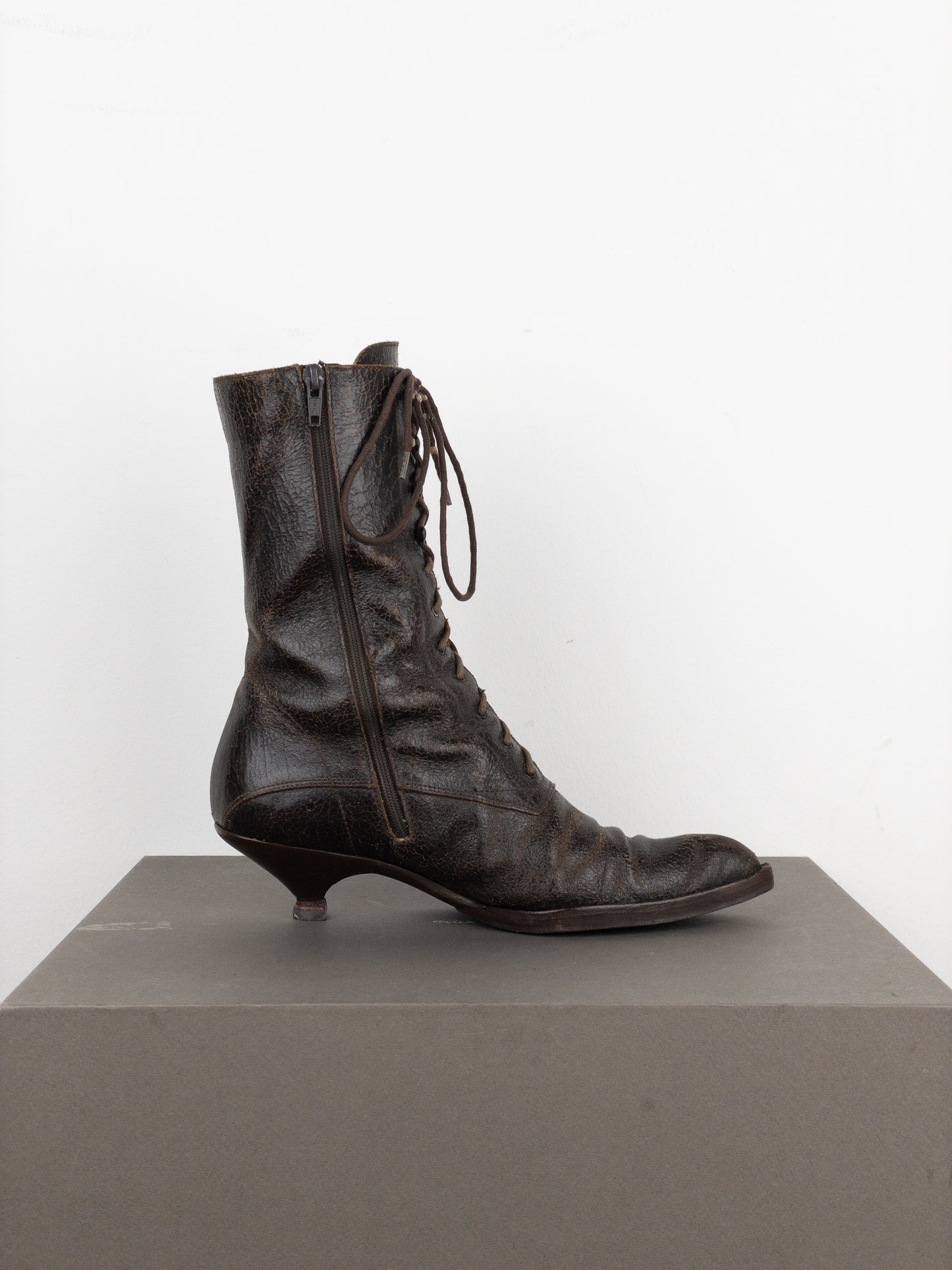 Miu Miu AW01 Cracked Leather Lace-Up Kitten Heel Boots