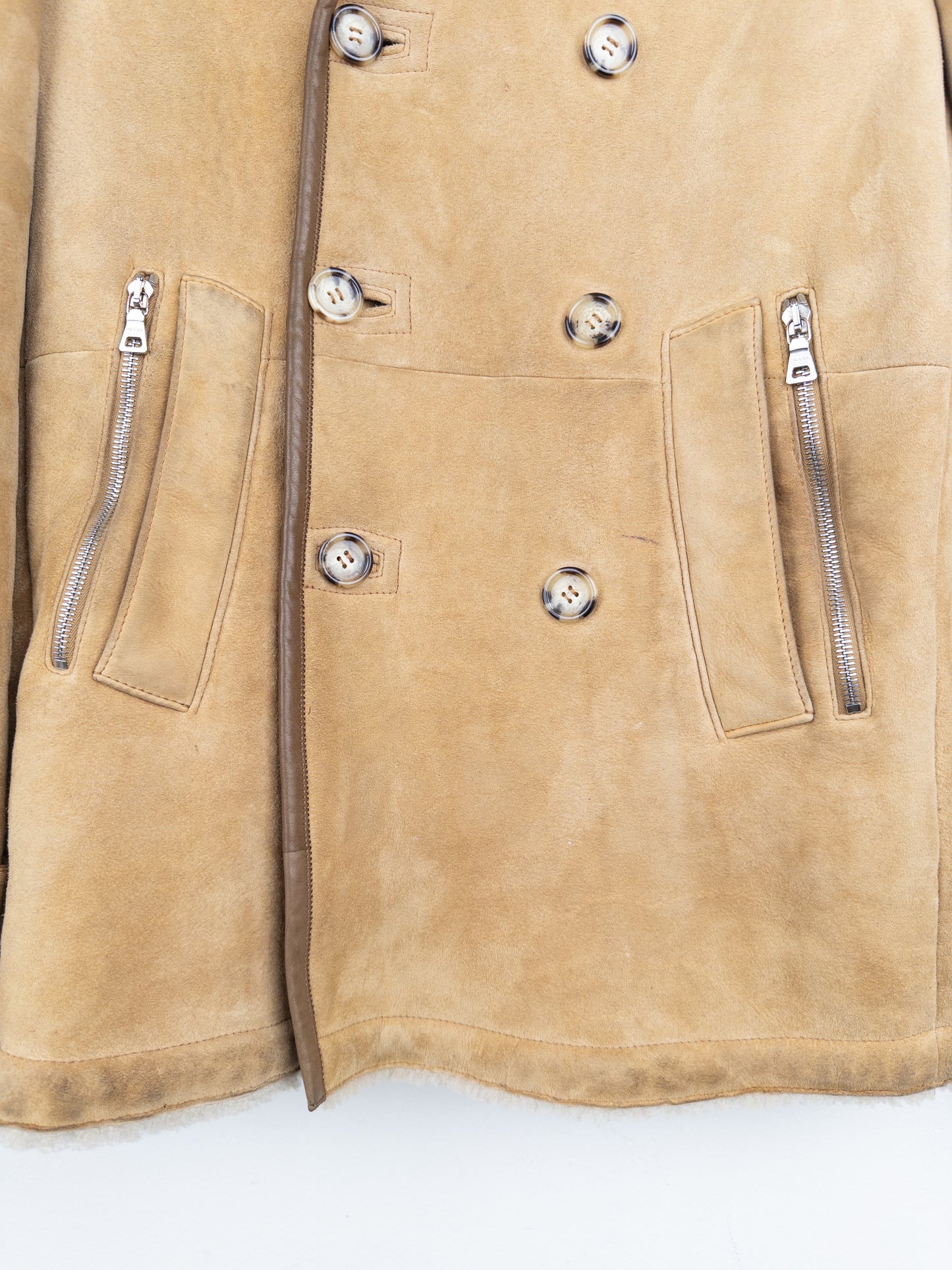 Prada AW05 Double Breasted Shearling Leather Pea Coat