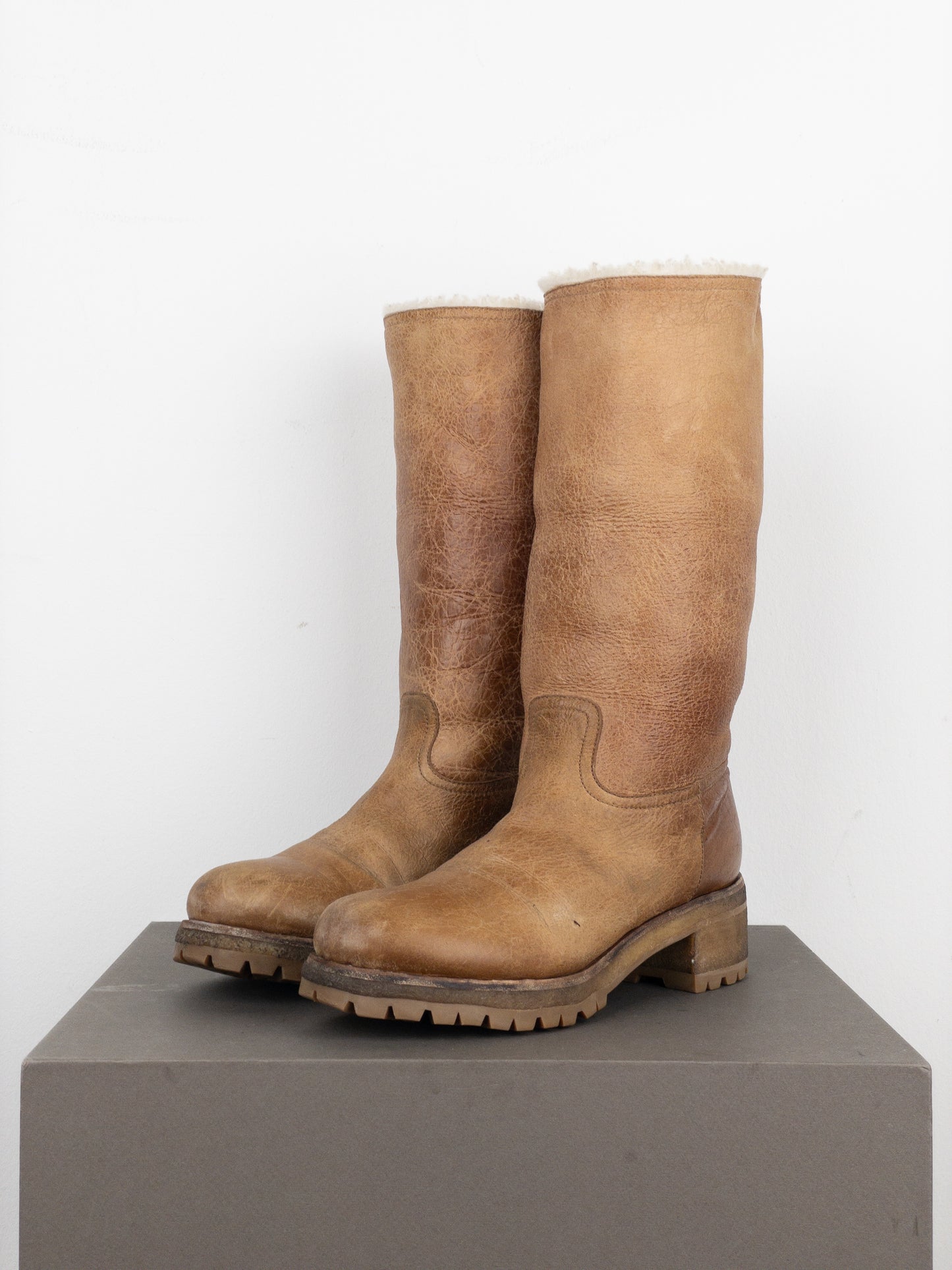 Prada AW11 Knee-High Shearling Paint Biker Moto Boots