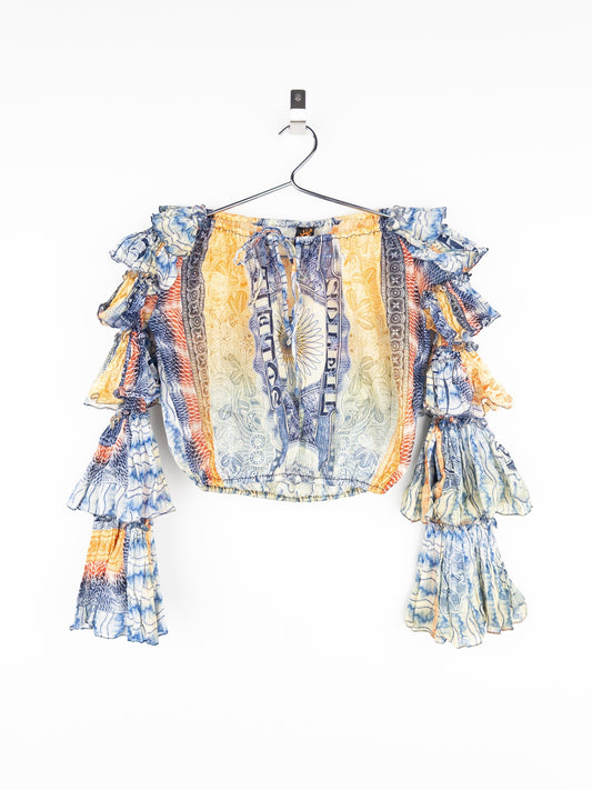 Jean Paul Gaultier SS94 Bank Note Money Print Ruffle Chiffon Longsleeve Crop Top