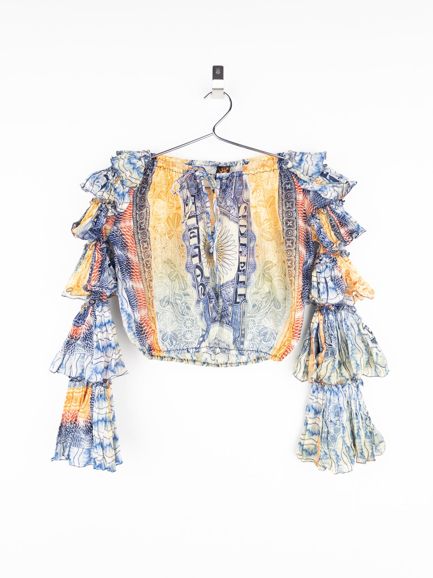 Jean Paul Gaultier SS94 Bank Note Money Print Ruffle Chiffon Longsleeve Crop Top