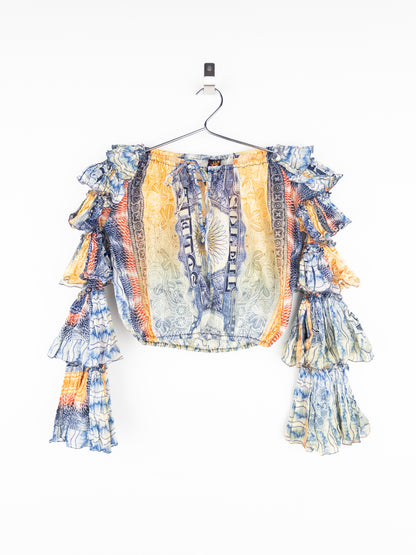 Jean Paul Gaultier SS94 Bank Note Money Print Ruffle Chiffon Longsleeve Crop Top