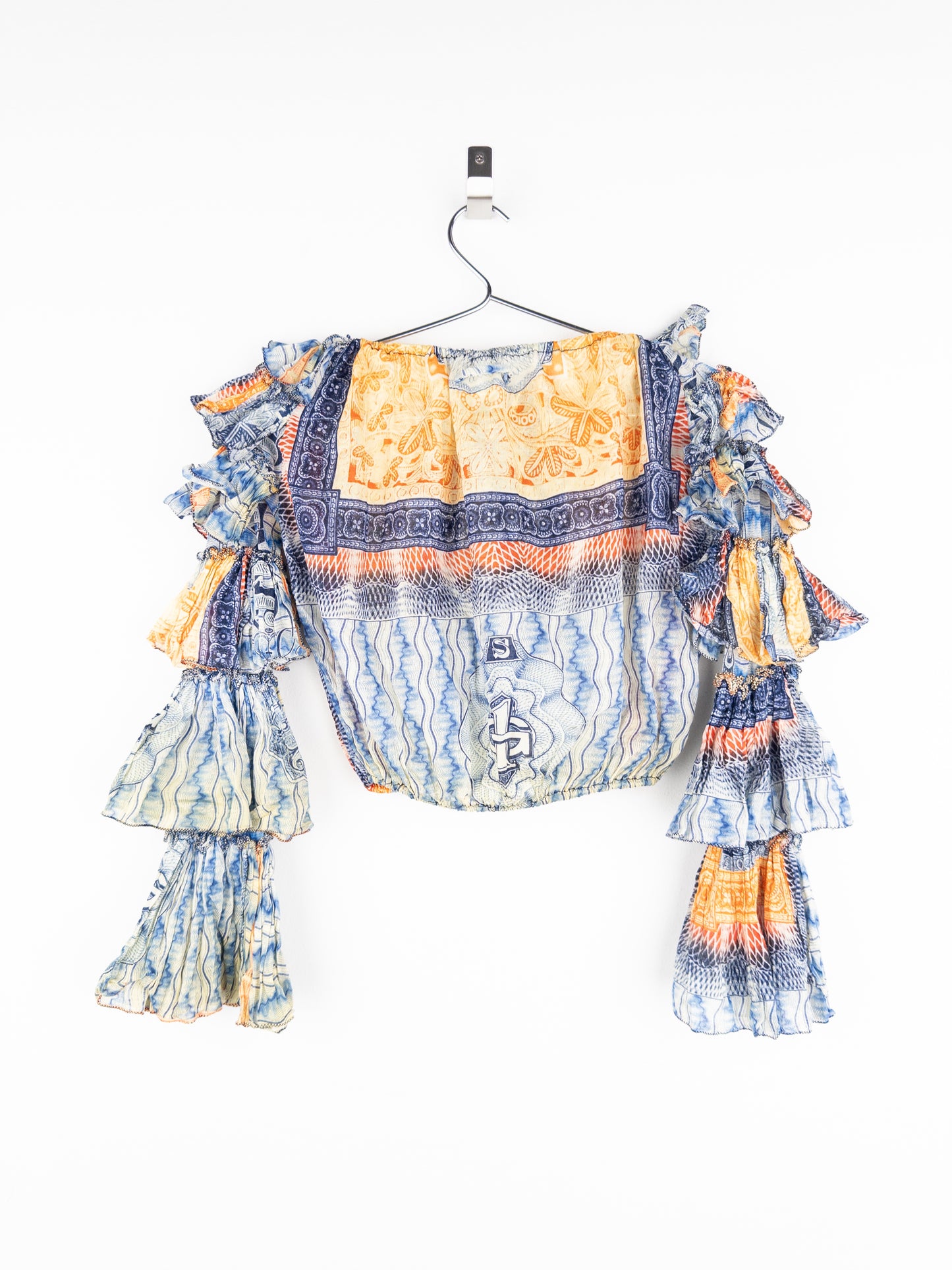 Jean Paul Gaultier SS94 Bank Note Money Print Ruffle Chiffon Longsleeve Crop Top