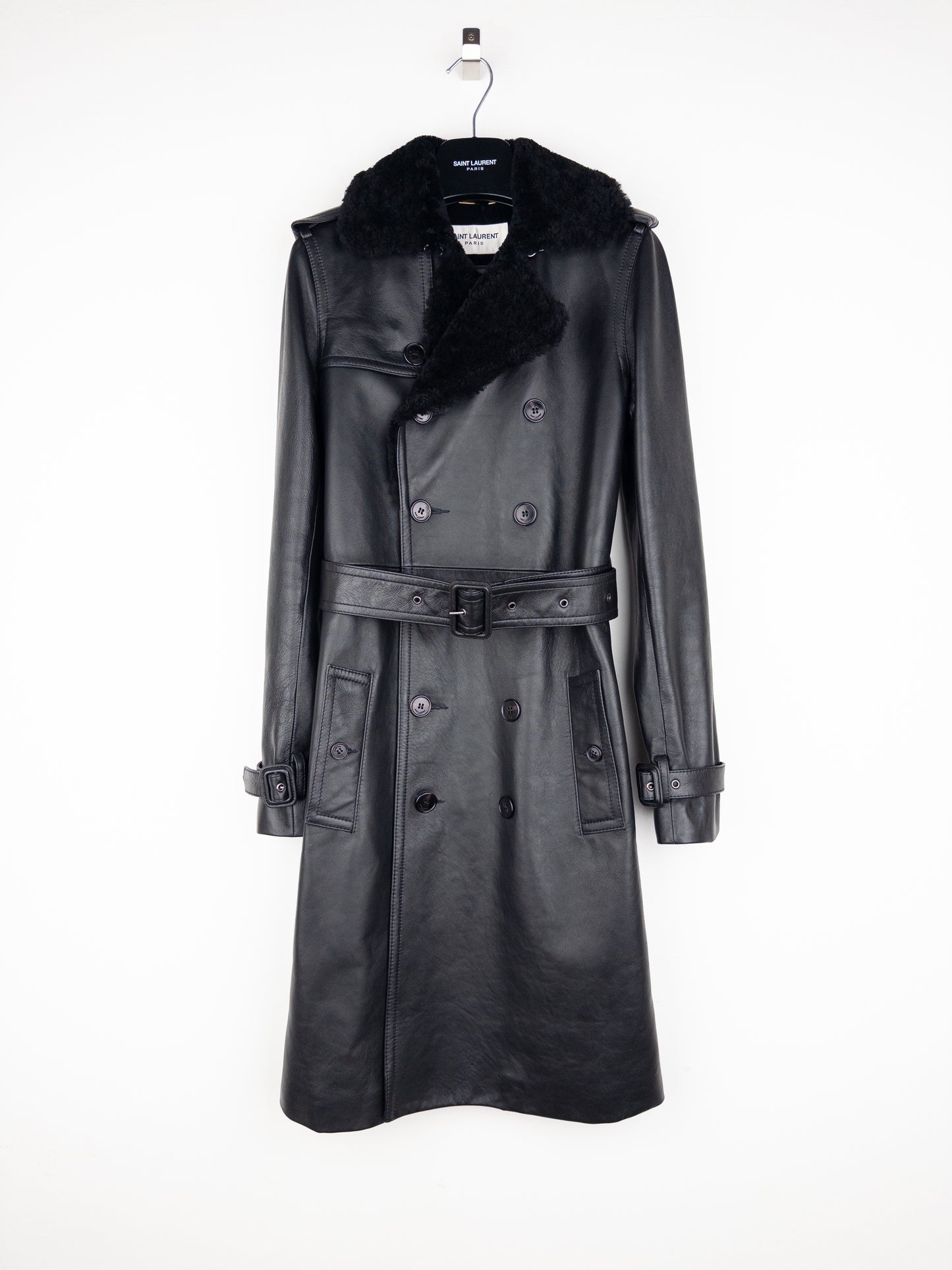 Saint Laurent AW20 Double-Breasted Shearling Leather Trench Coat