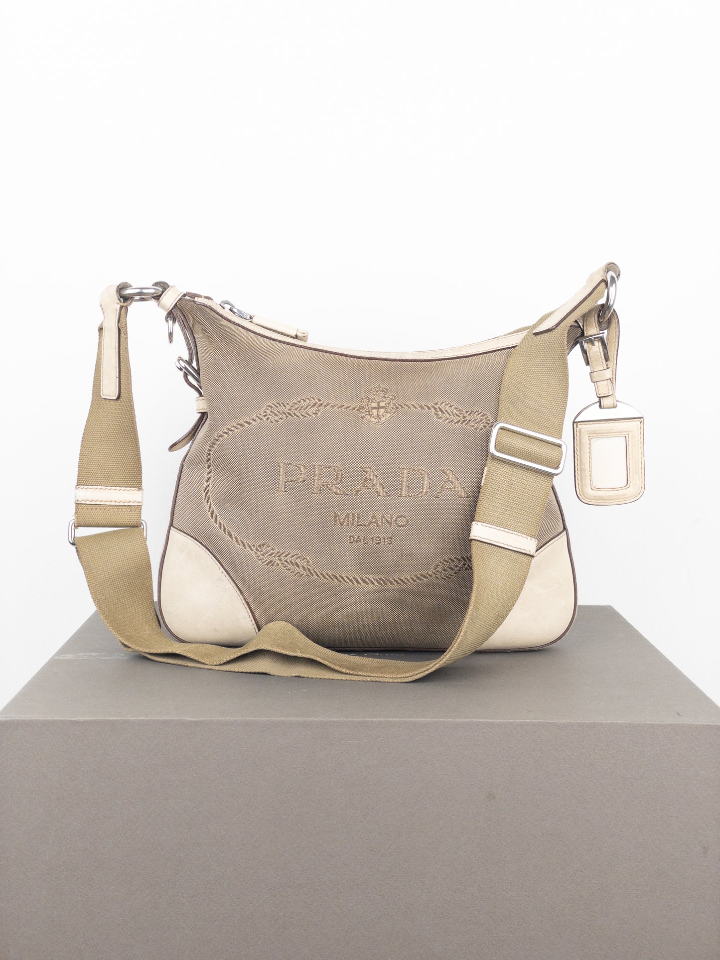 Prada 2000s Jacquard Canvas Crossbody Bag (beige, white)