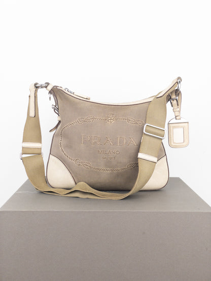 Prada 2000s Jacquard Canvas Crossbody Bag (beige, white)