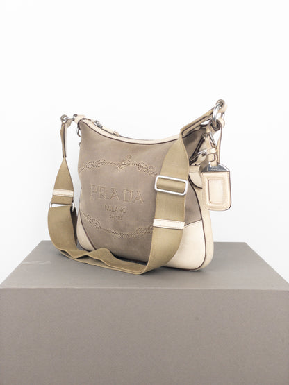 Prada 2000s Jacquard Canvas Crossbody Bag (beige, white)