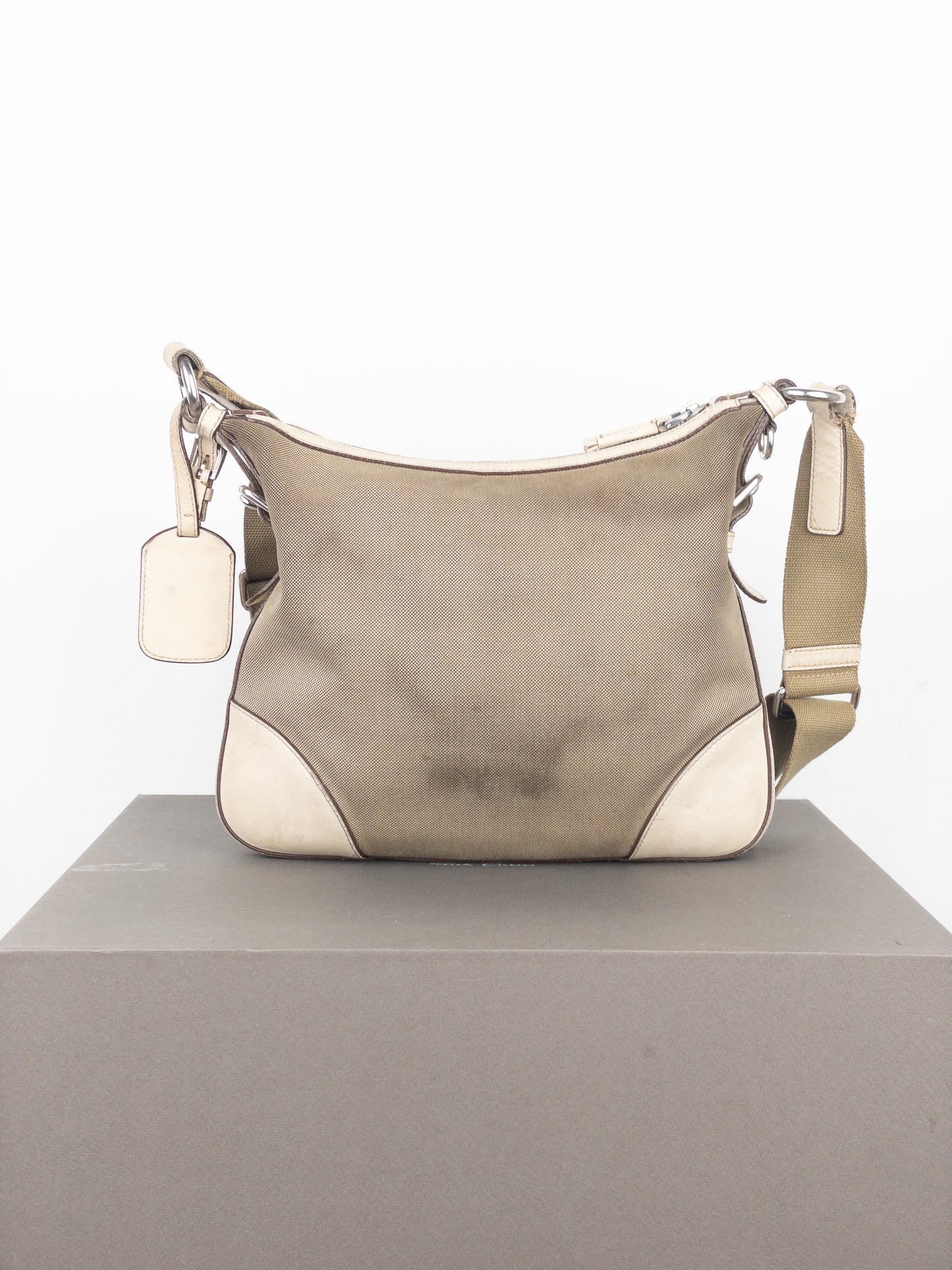 Prada 2000s Jacquard Canvas Crossbody Bag (beige, white)