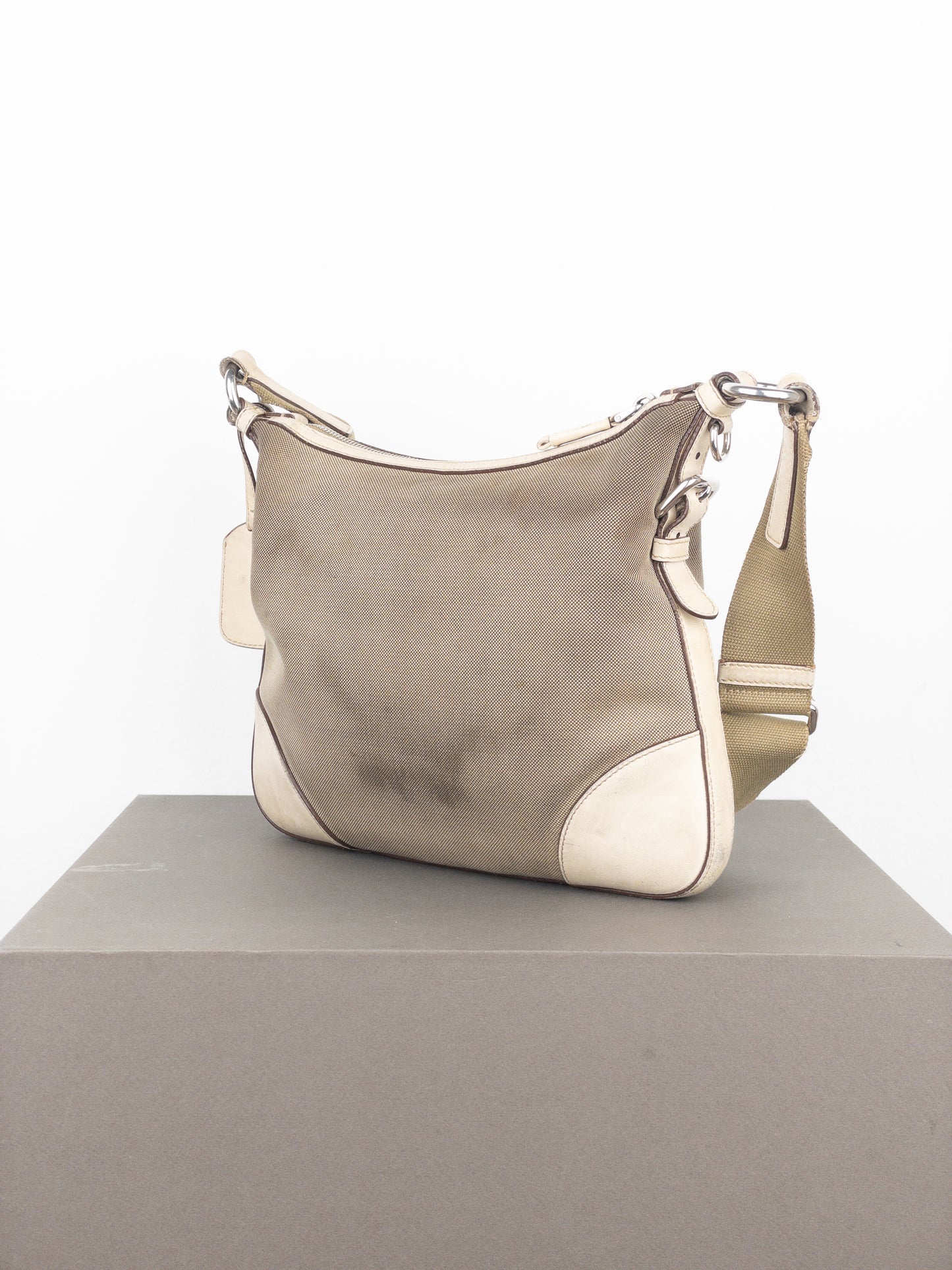 Prada 2000s Jacquard Canvas Crossbody Bag (beige, white)