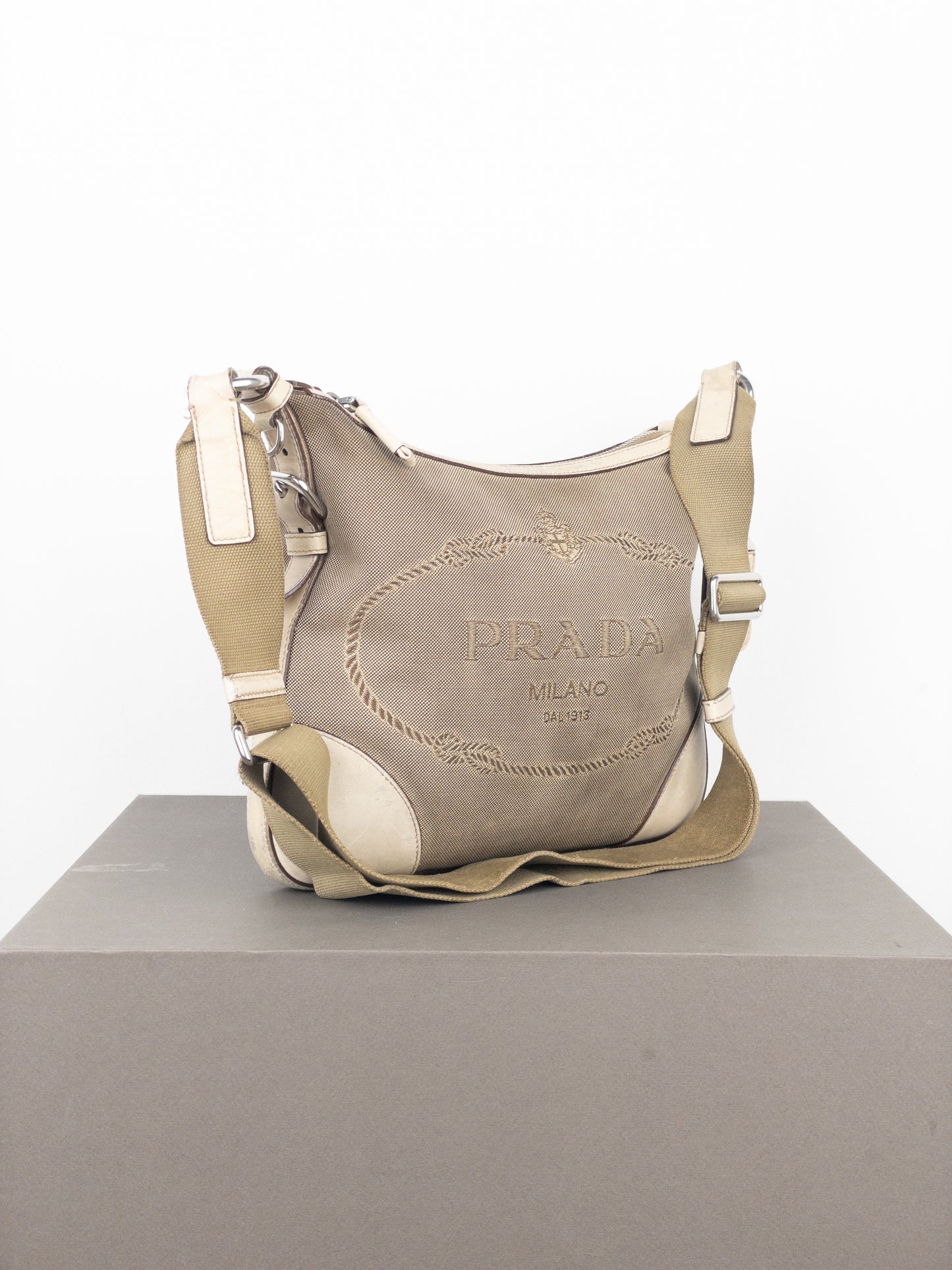 Prada 2000s Jacquard Canvas Crossbody Bag (beige, white)