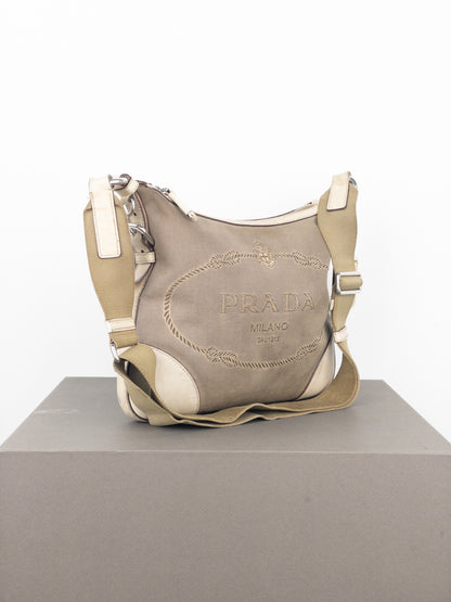 Prada 2000s Jacquard Canvas Crossbody Bag (beige, white)