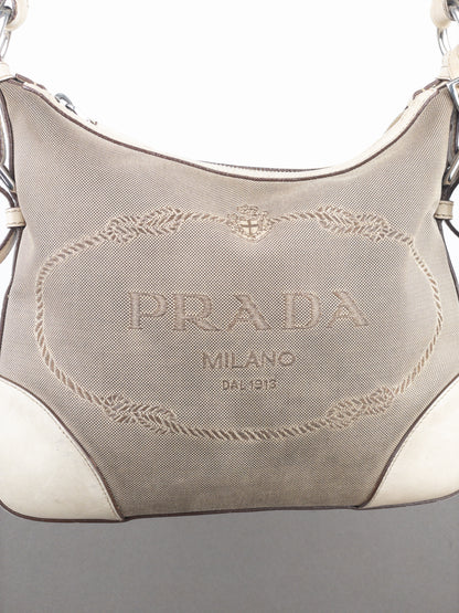 Prada 2000s Jacquard Canvas Crossbody Bag (beige, white)