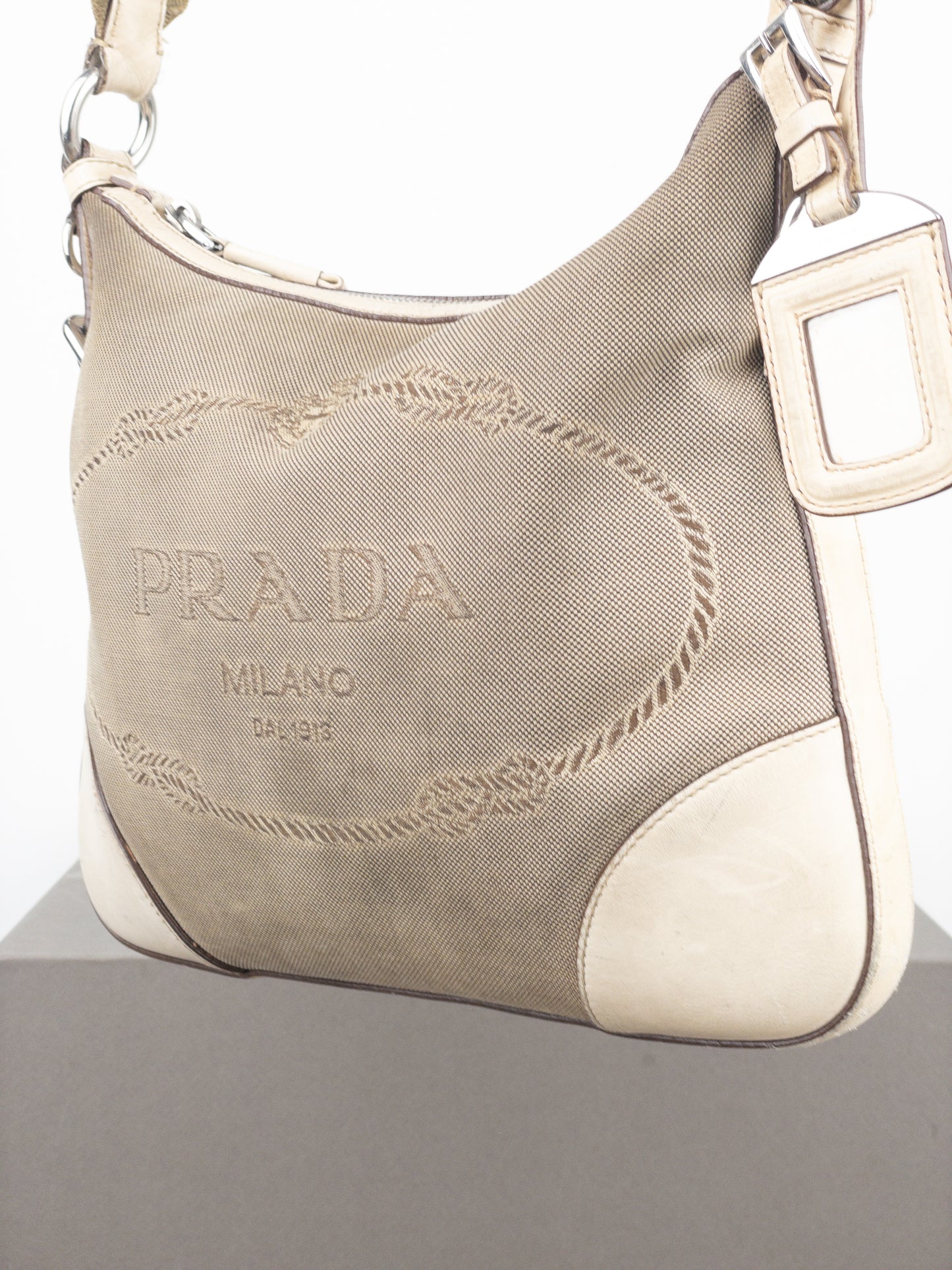 Prada 2000s Jacquard Canvas Crossbody Bag (beige, white)