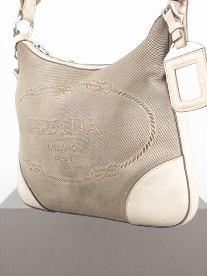 Prada 2000s Jacquard Canvas Crossbody Bag (beige, white)
