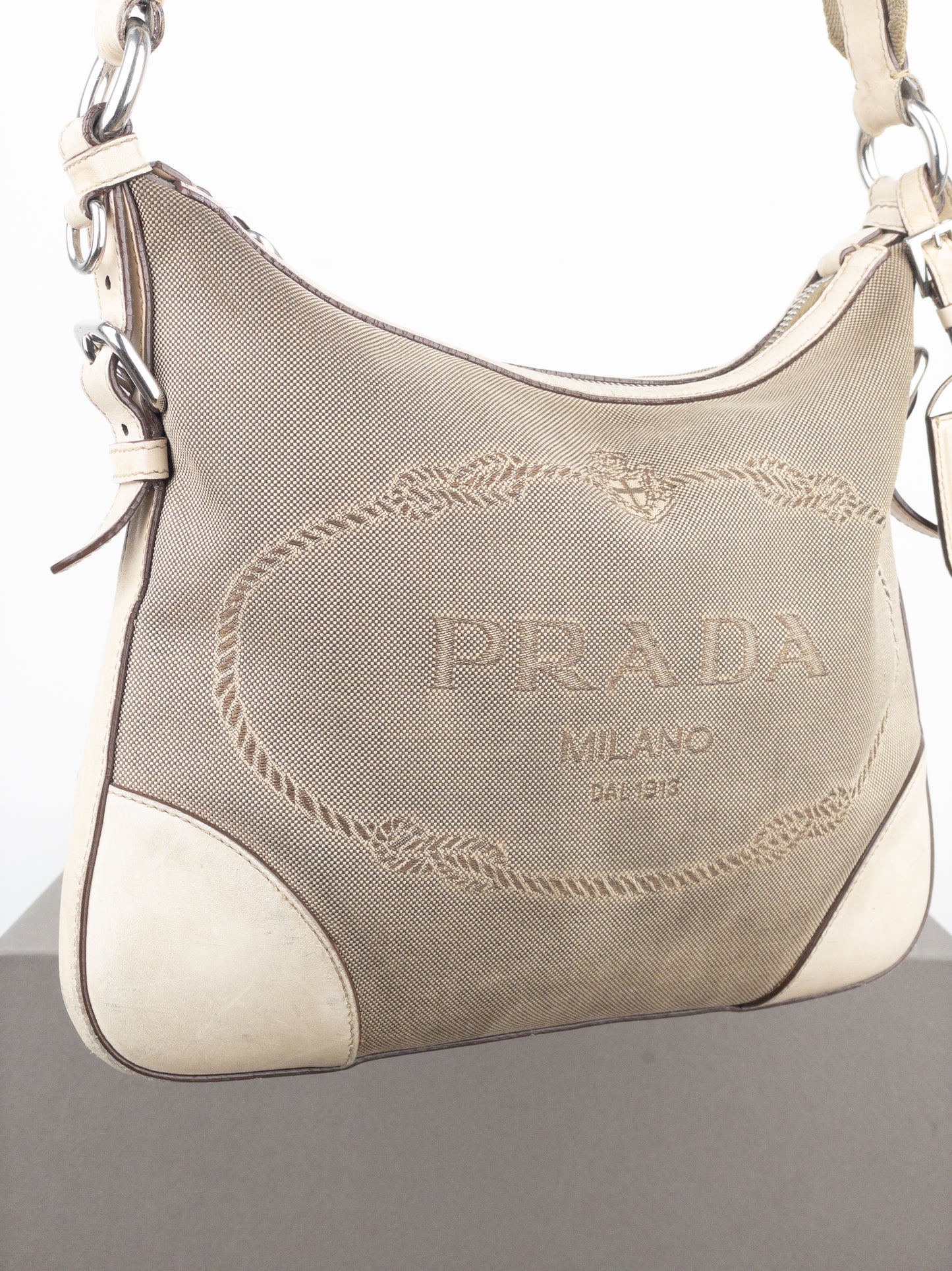 Prada 2000s Jacquard Canvas Crossbody Bag (beige, white)