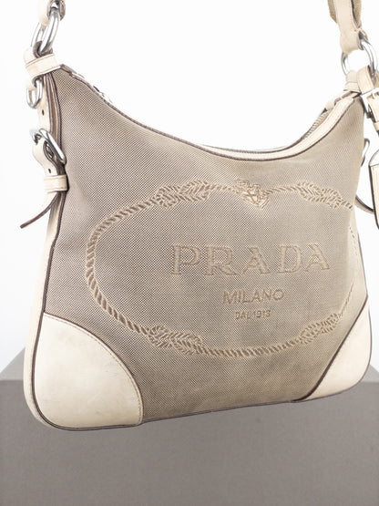 Prada 2000s Jacquard Canvas Crossbody Bag (beige, white)