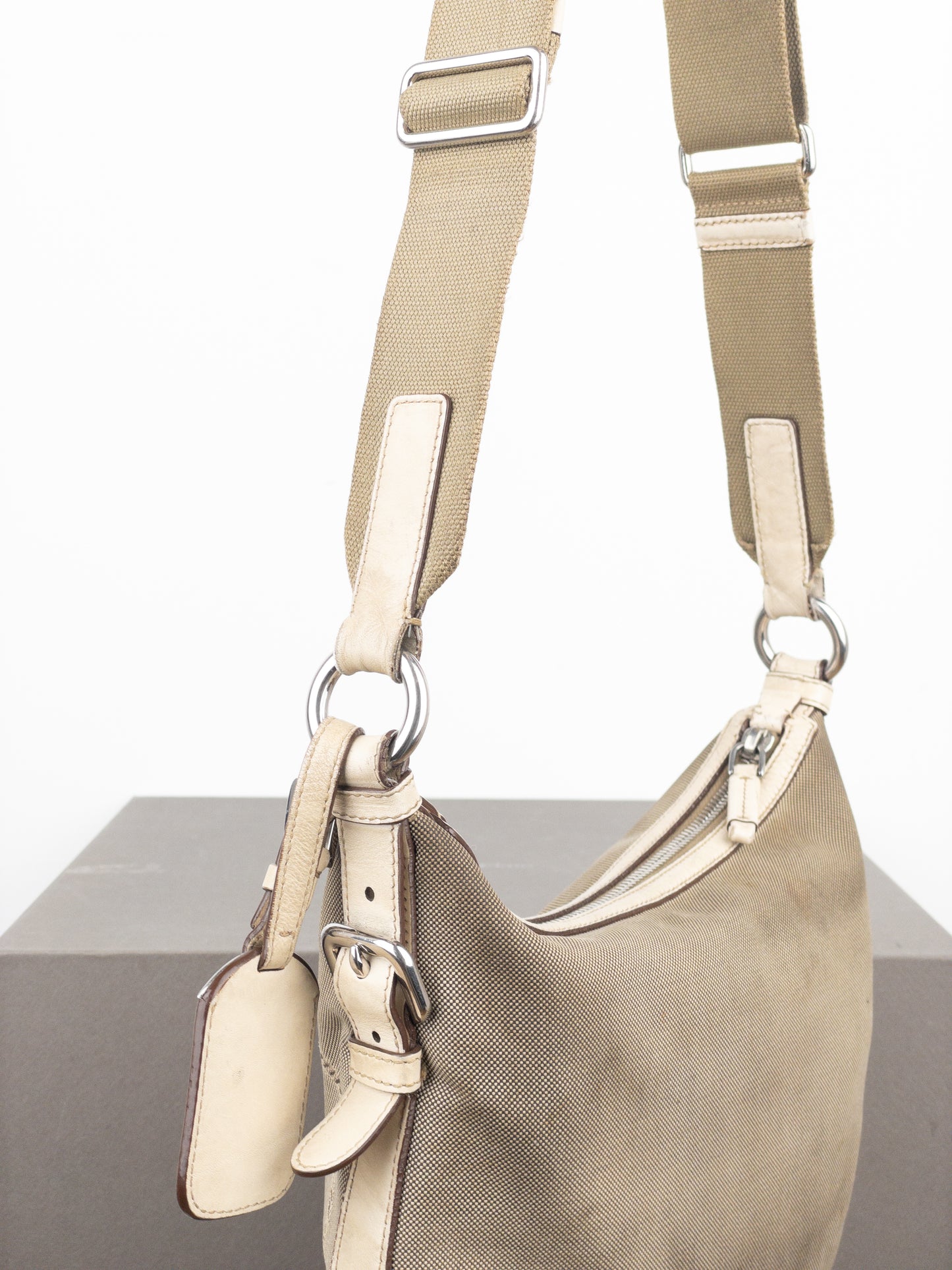 Prada 2000s Jacquard Canvas Crossbody Bag (beige, white)