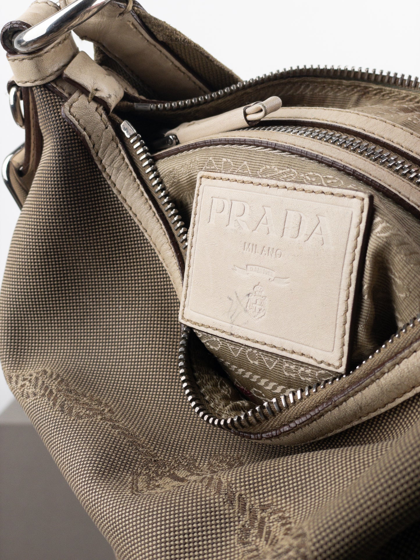 Prada 2000s Jacquard Canvas Crossbody Bag (beige, white)