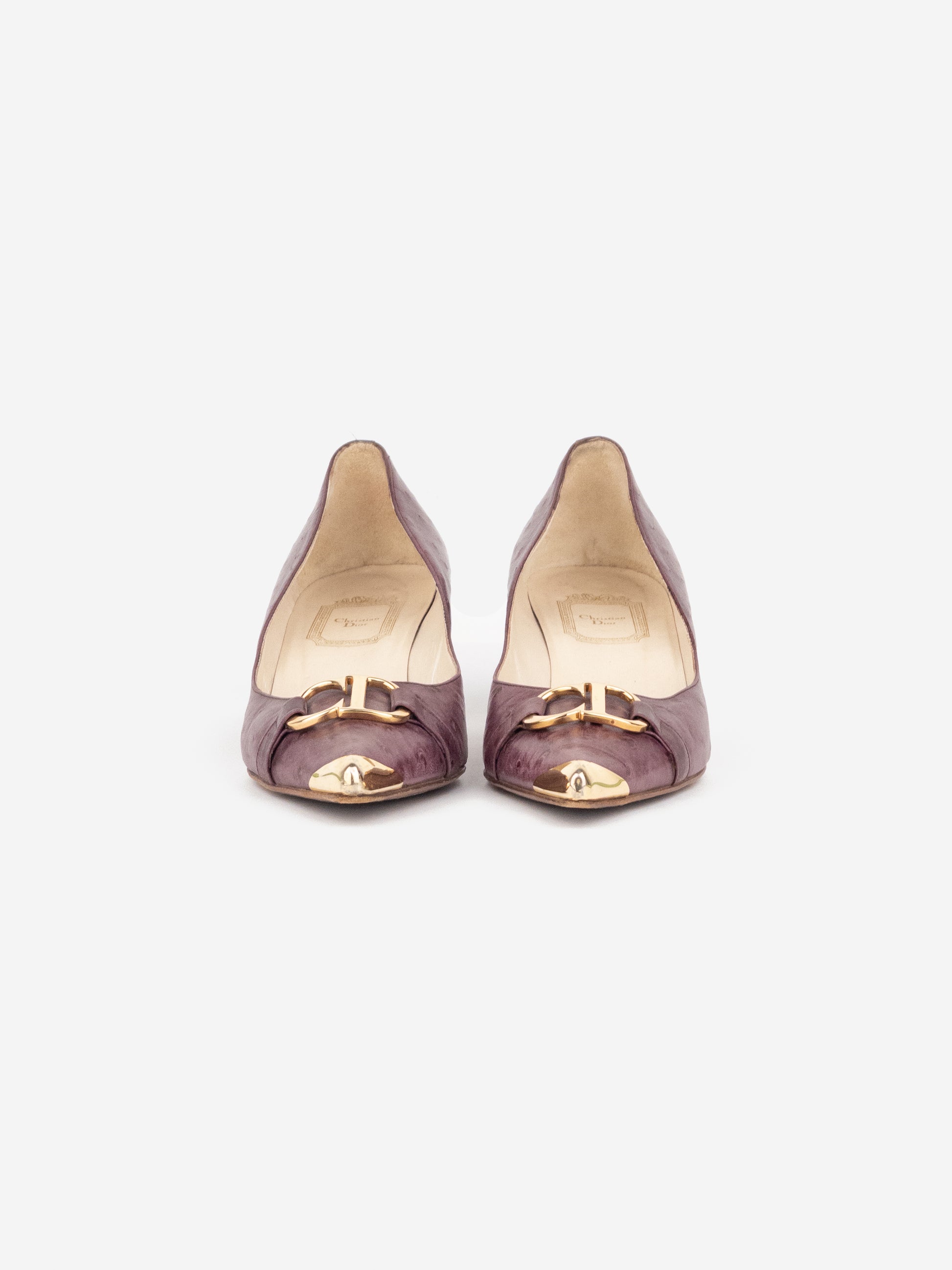 Dior by Galliano 2000s Ostrich Metal Toe Pump Kitten Heels