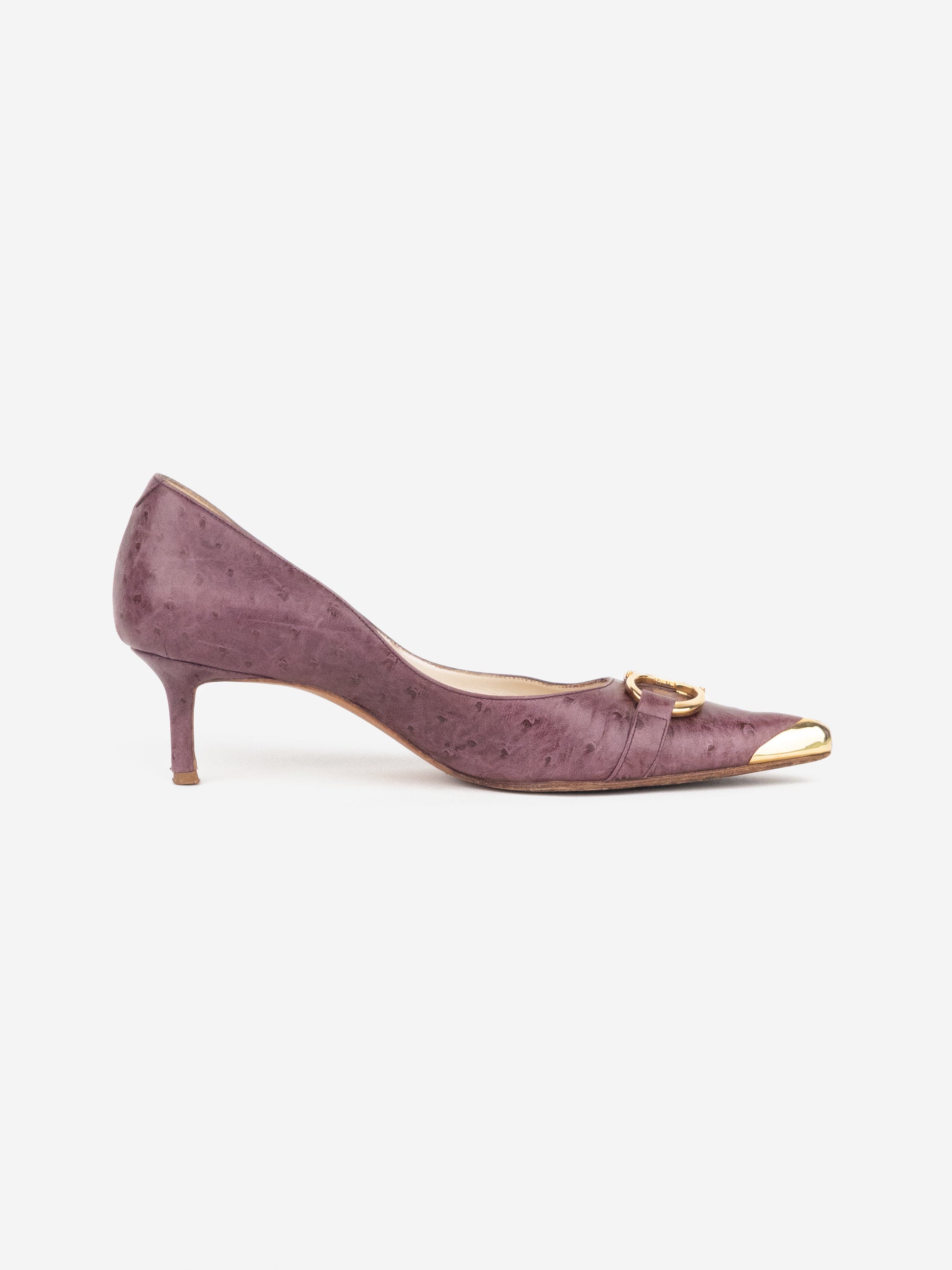 Dior by Galliano 2000s Ostrich Metal Toe Pump Kitten Heels