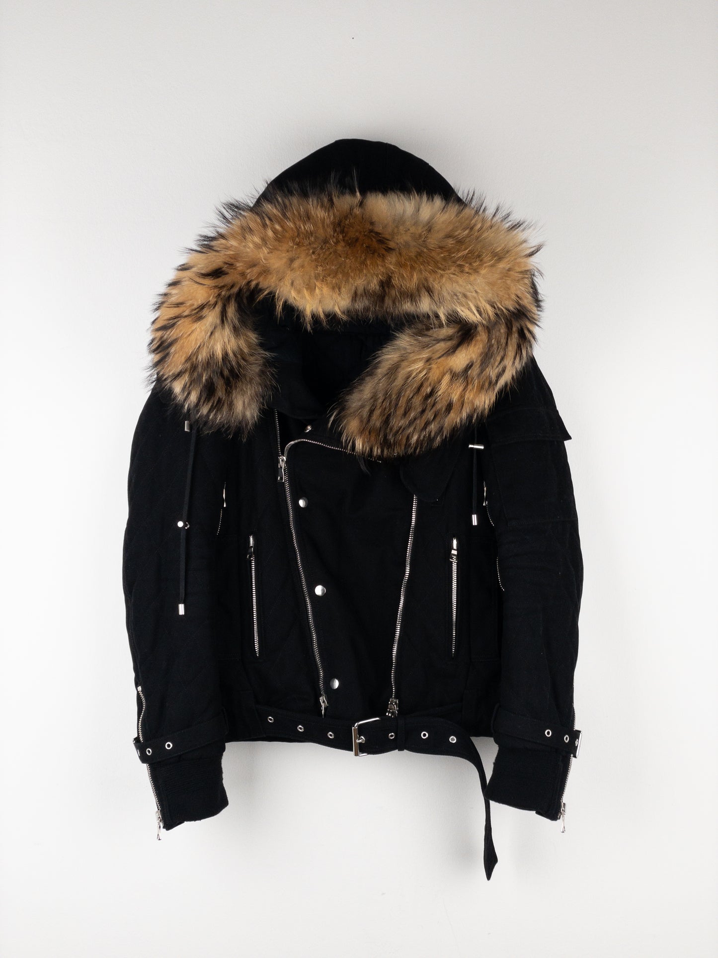 Balmain by Olivier Rousteing AW13 Fur-Hood Biker Bondage Parka Jacket