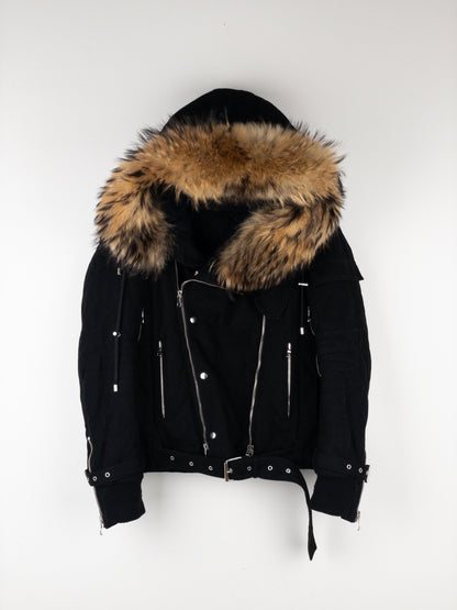 Balmain by Olivier Rousteing AW13 Fur-Hood Biker Bondage Parka Jacket