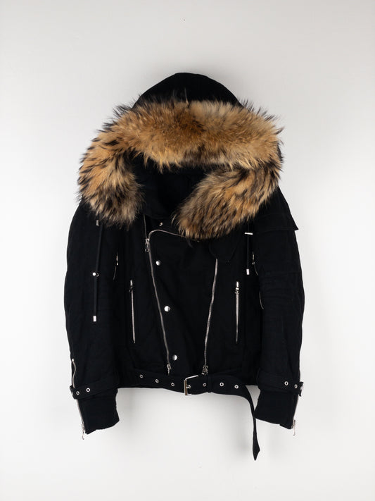 Balmain by Olivier Rousteing AW13 Fur-Hood Biker Bondage Parka Jacket