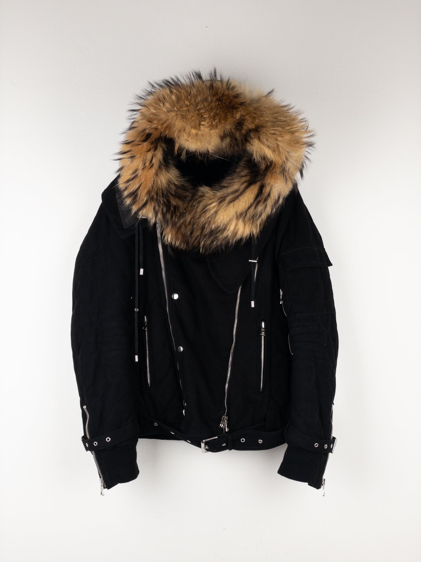 Balmain by Olivier Rousteing AW13 Fur-Hood Biker Bondage Parka Jacket