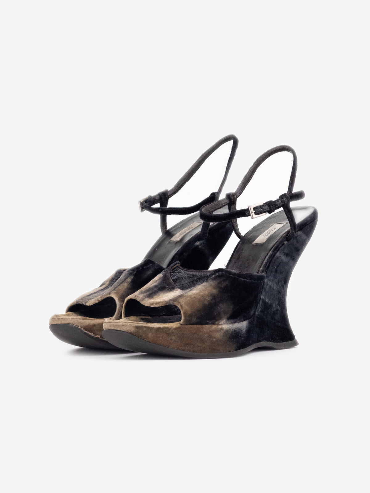 Prada AW04 Sculptural Tie Dye Velvet Sandal Platform Wedge Heels – front view