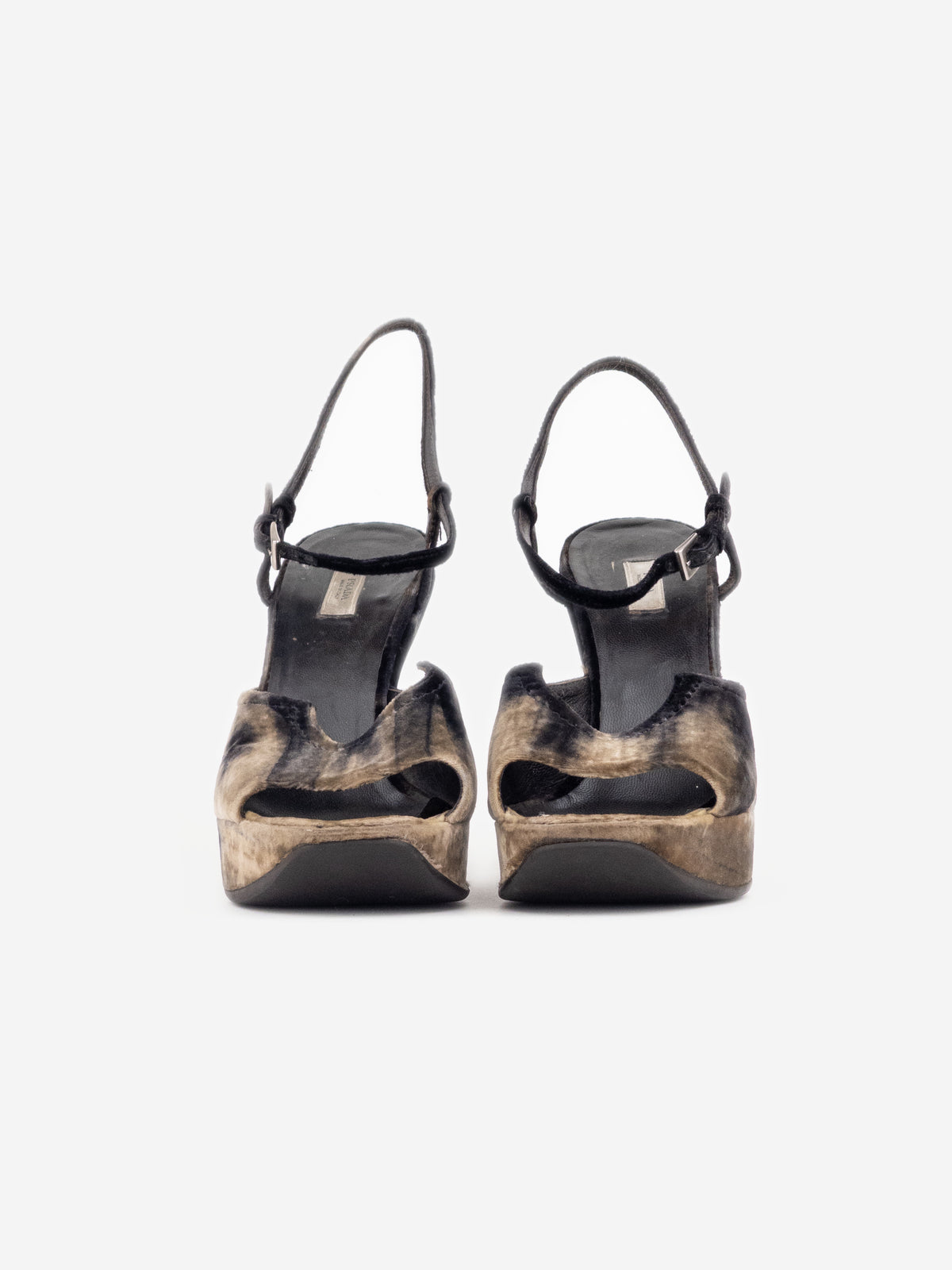 Prada AW04 Sculptural Tie Dye Velvet Sandal Platform Wedge Heels – front view pair