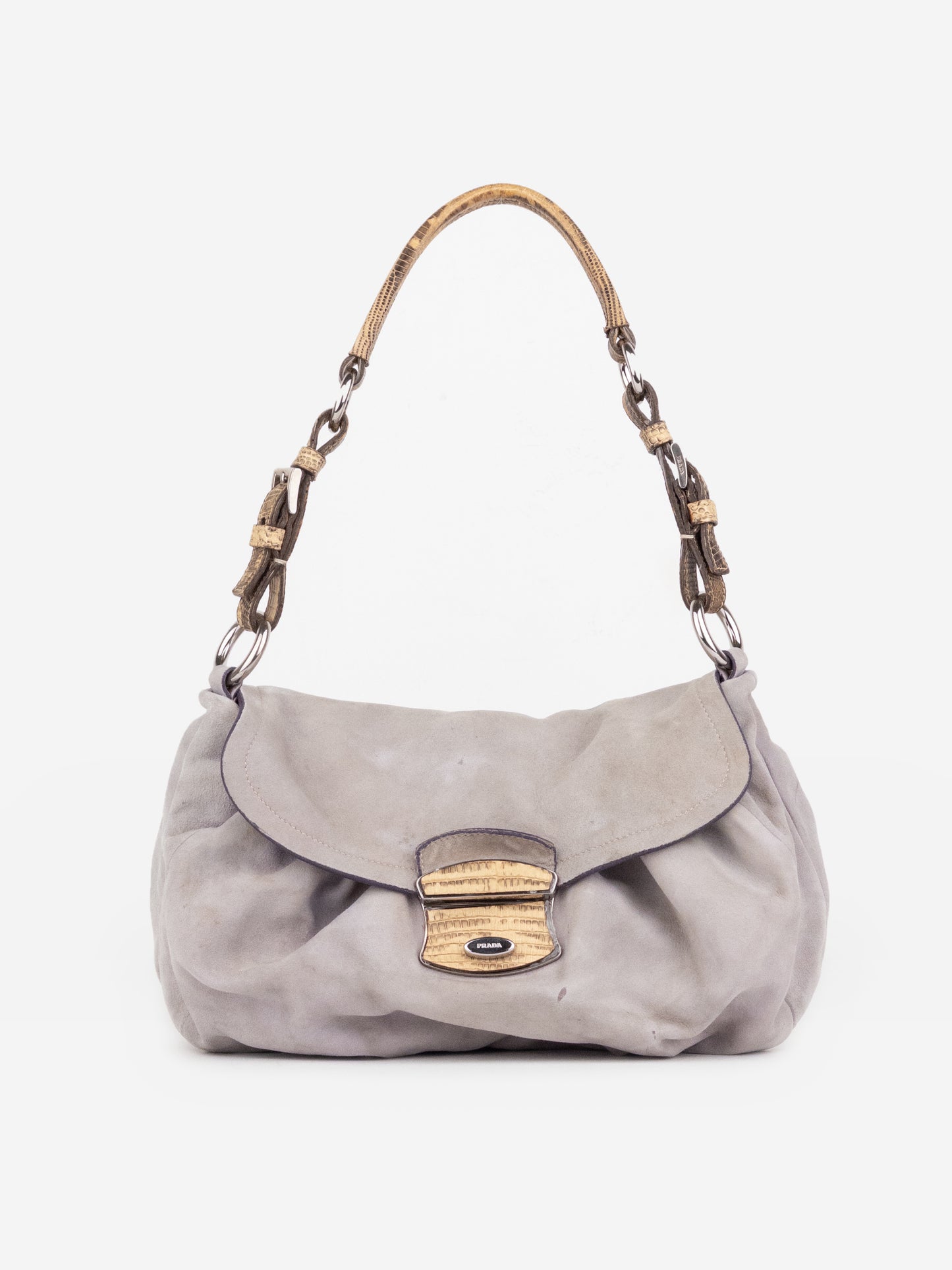 Prada 2000s Suede Lizard Buckle Hobo Shoulder Bag