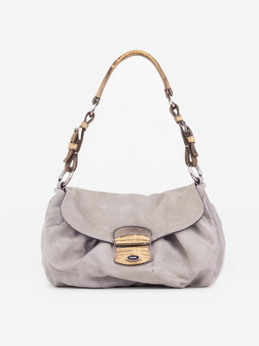 Prada 2000s Suede Lizard Buckle Hobo Shoulder Bag