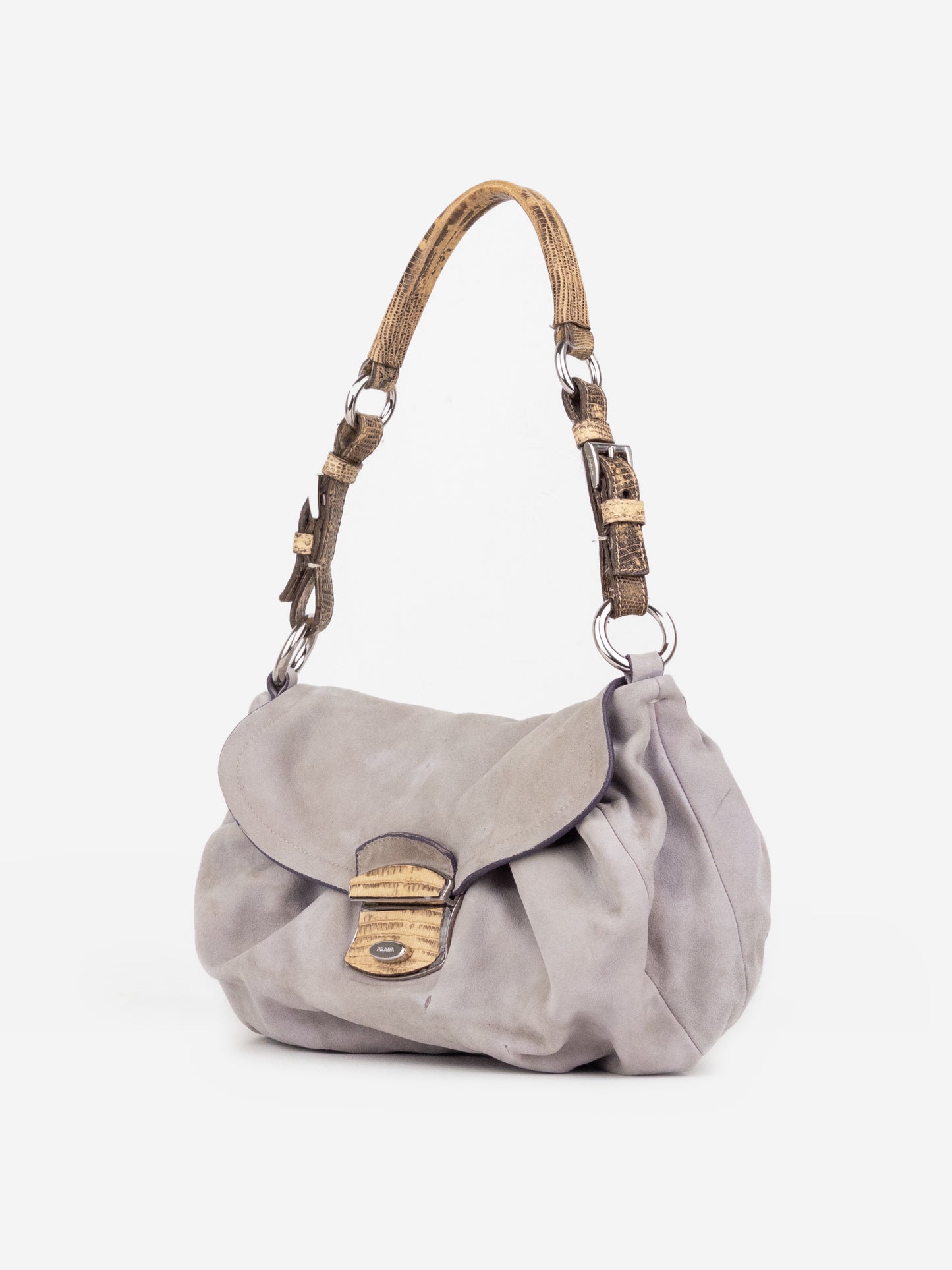 Prada 2000s Suede Lizard Buckle Hobo Shoulder Bag