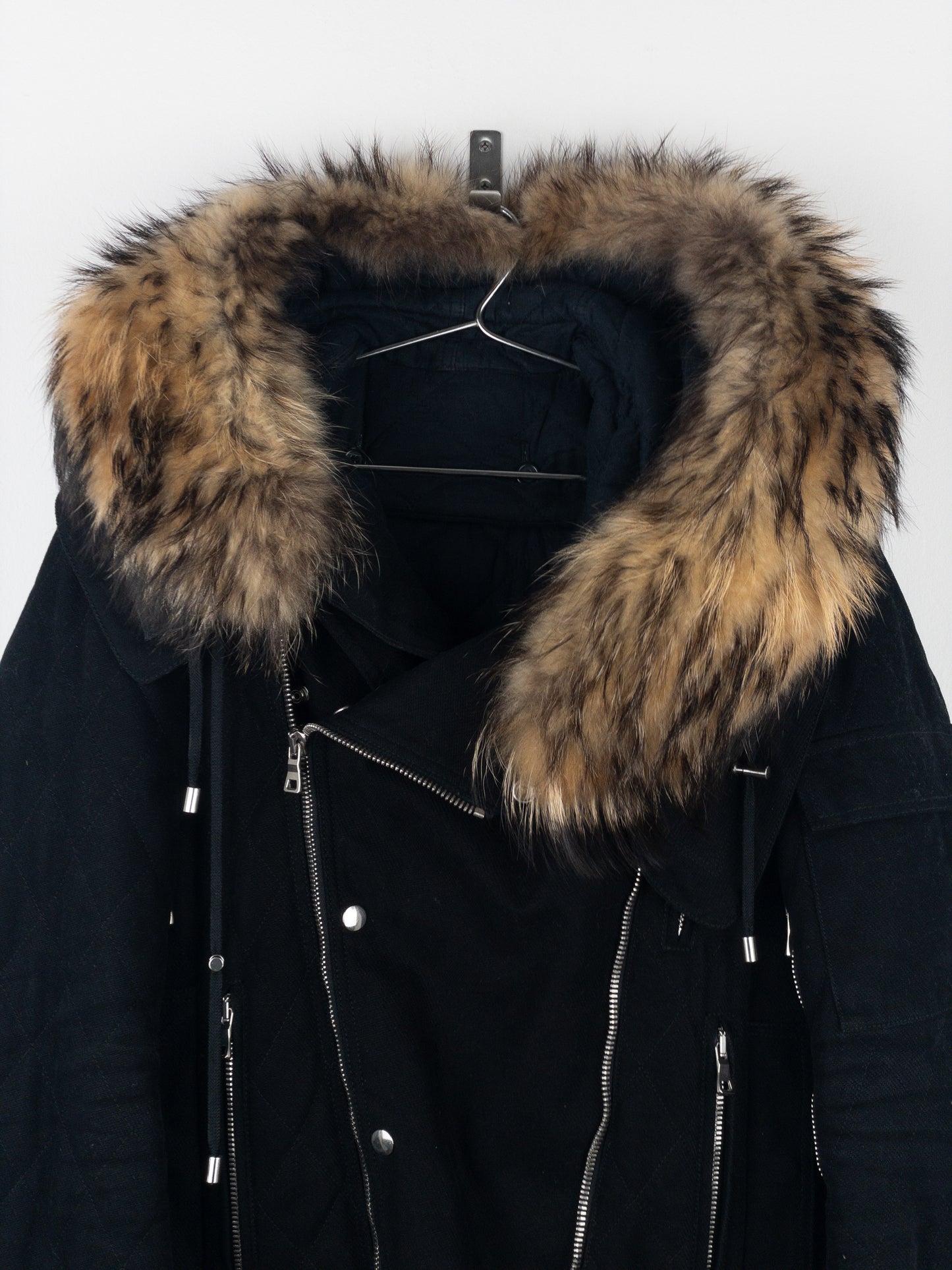 Balmain by Olivier Rousteing AW13 Fur-Hood Biker Bondage Parka Jacket