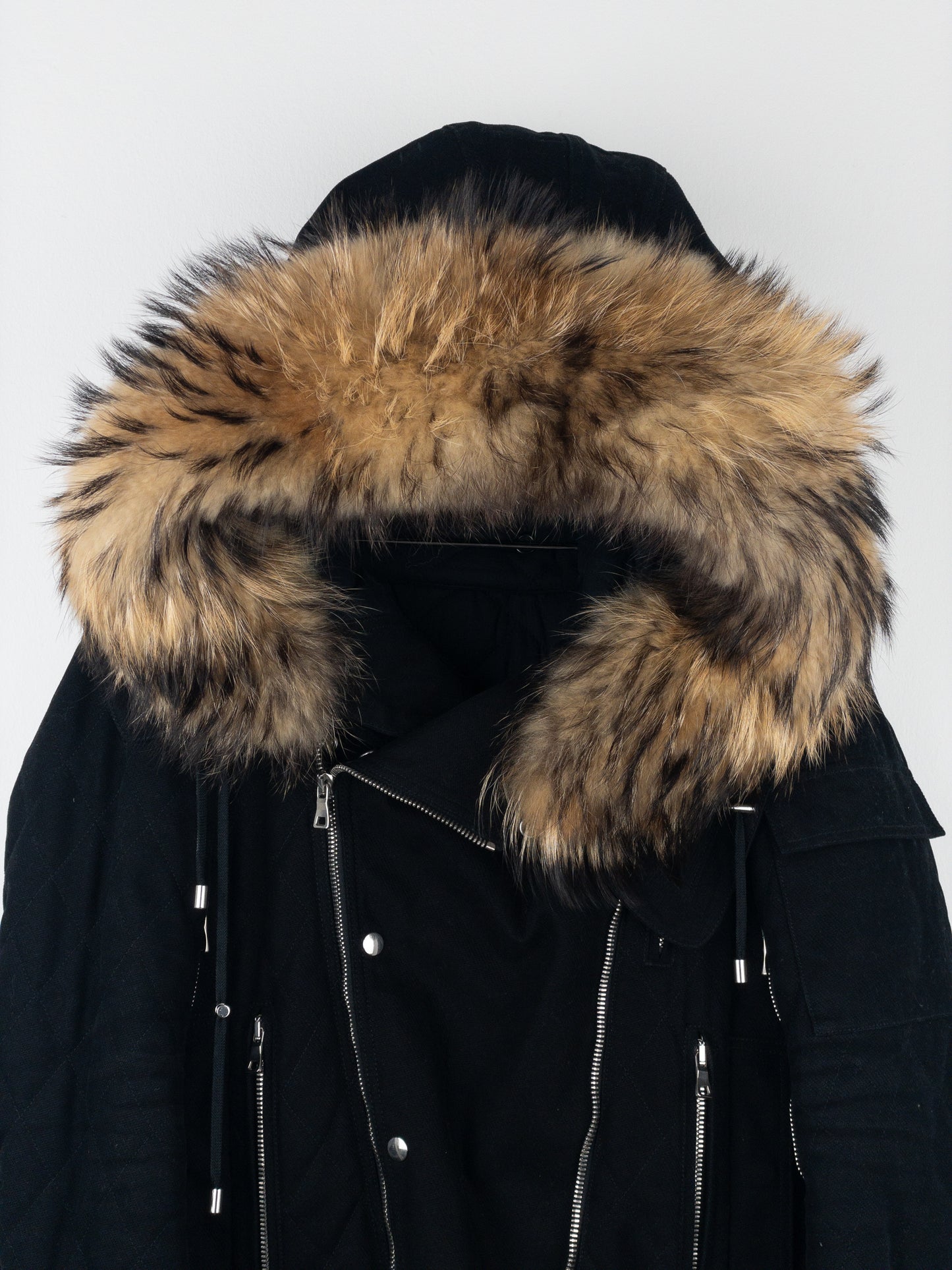 Balmain by Olivier Rousteing AW13 Fur-Hood Biker Bondage Parka Jacket