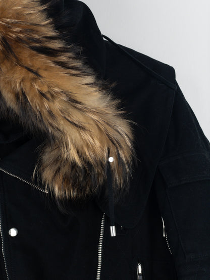 Balmain by Olivier Rousteing AW13 Fur-Hood Biker Bondage Parka Jacket