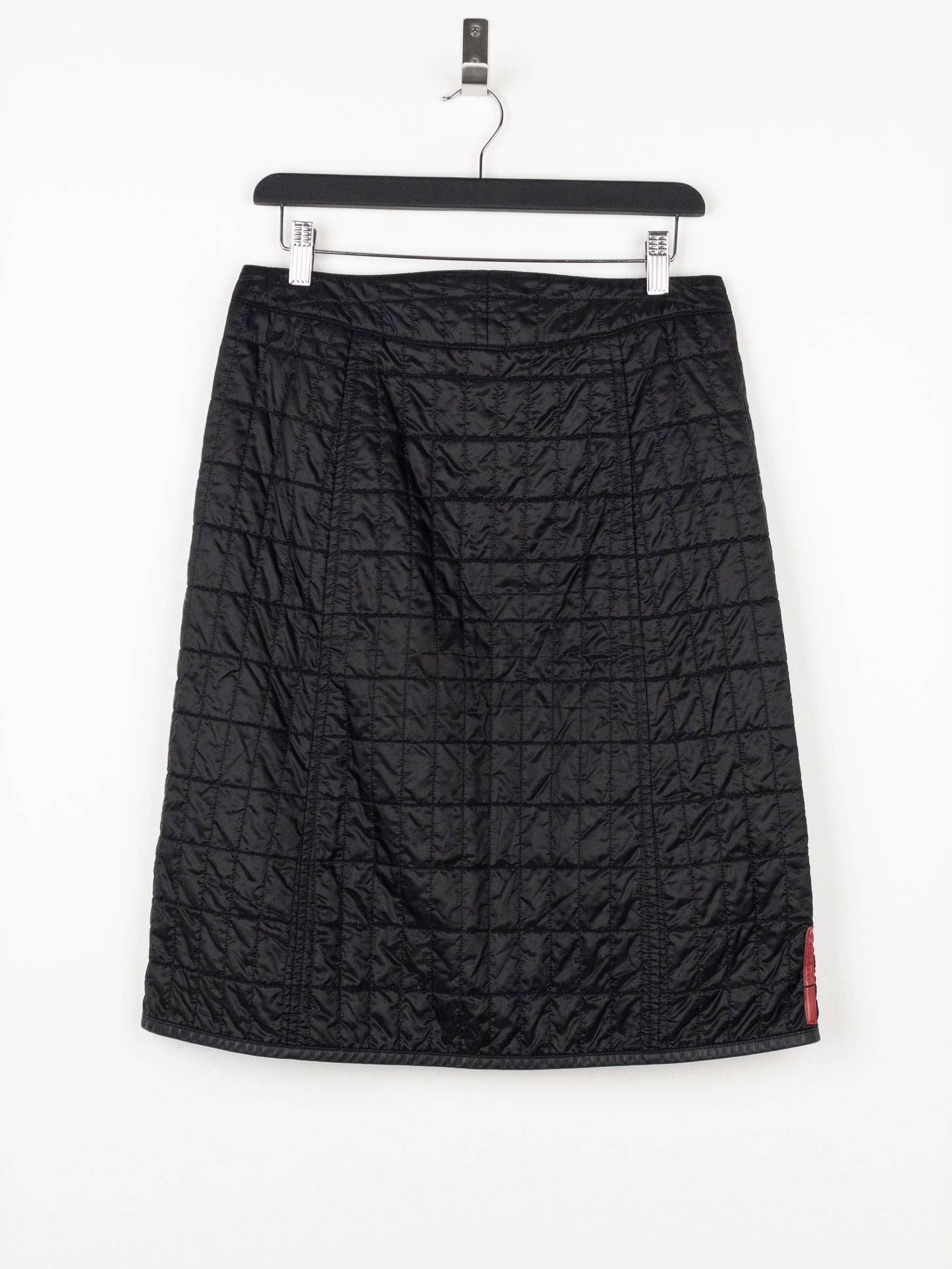 Prada AW99 Linea Rossa Red Tab Padded Quilted Zipper Midi Skirt