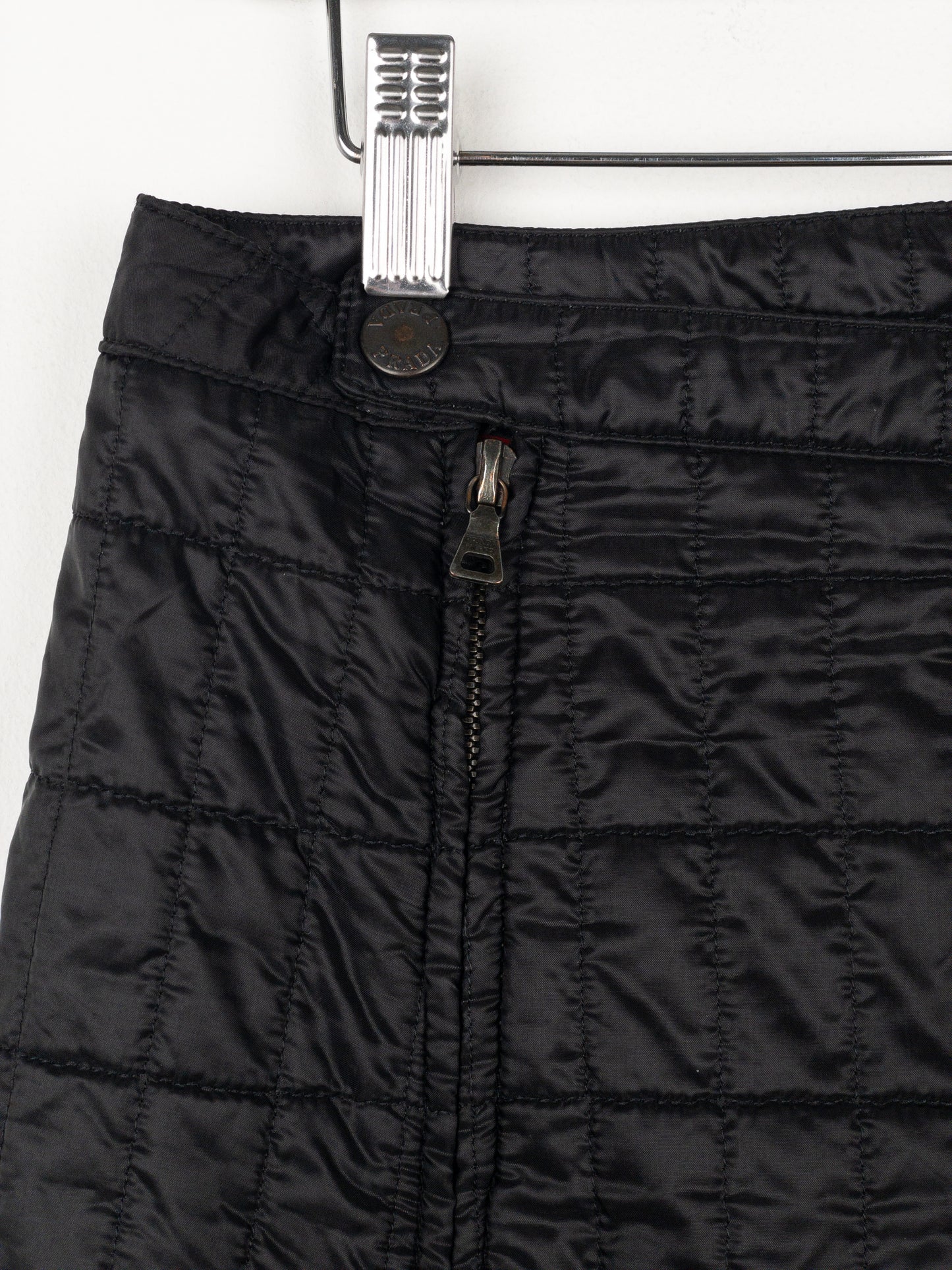Prada AW99 Linea Rossa Red Tab Padded Quilted Zipper Midi Skirt
