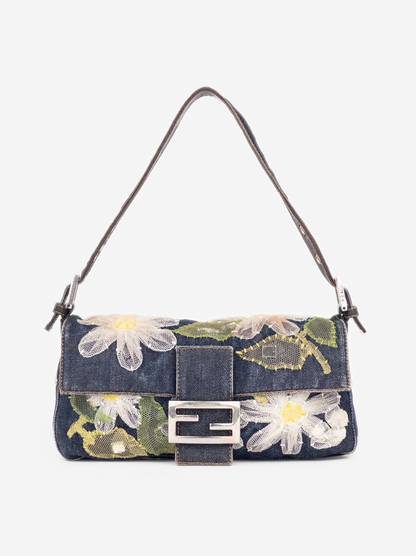 Fendi 2000s Limited Floral Daisy Embroidery Denim Baguette Shoulder Bag