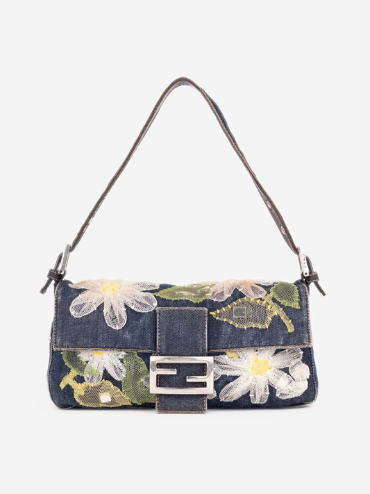 Fendi 2000s Limited Floral Daisy Embroidery Denim Baguette Shoulder Bag