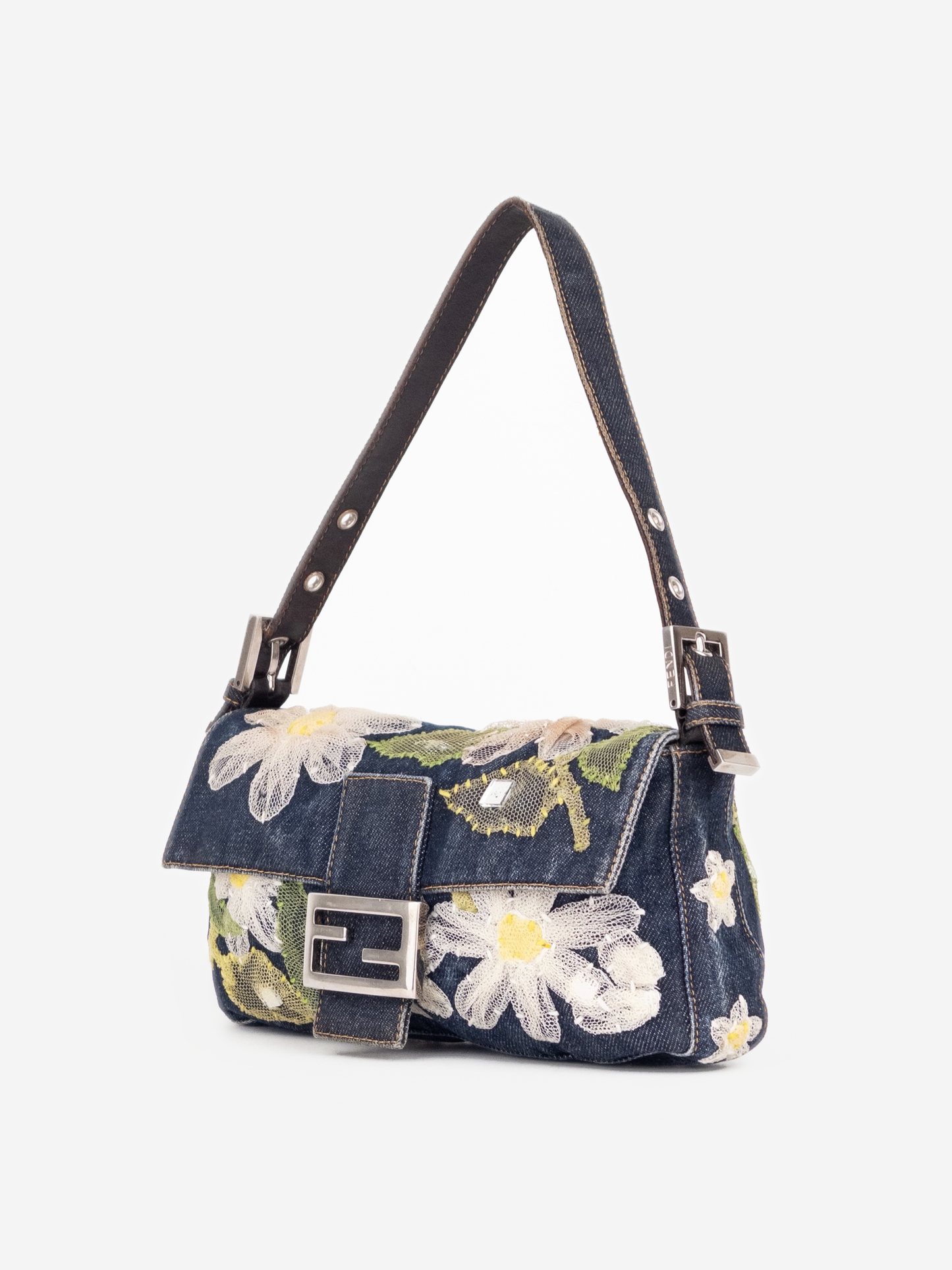 Fendi 2000s Limited Floral Daisy Embroidery Denim Baguette Shoulder Bag