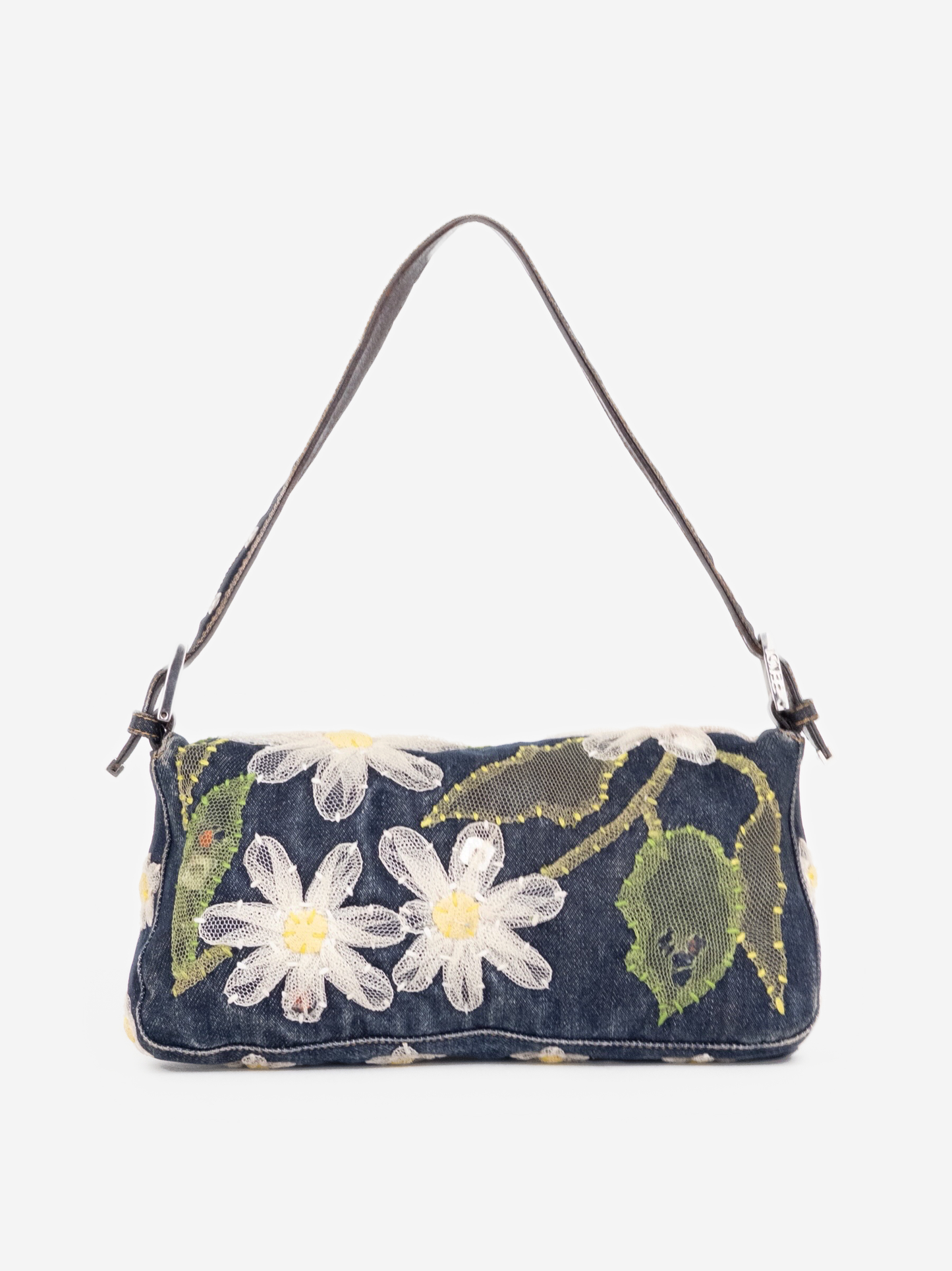 Fendi 2000s Limited Floral Daisy Embroidery Denim Baguette Shoulder Bag