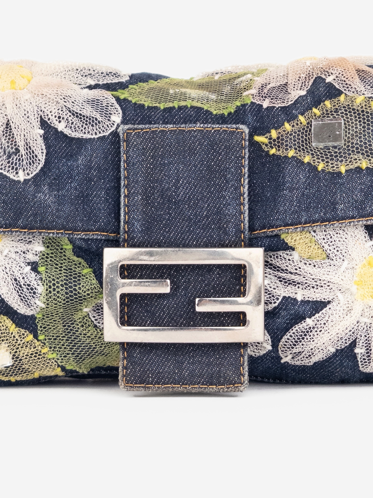 Fendi 2000s Limited Floral Daisy Embroidery Denim Baguette Shoulder Bag