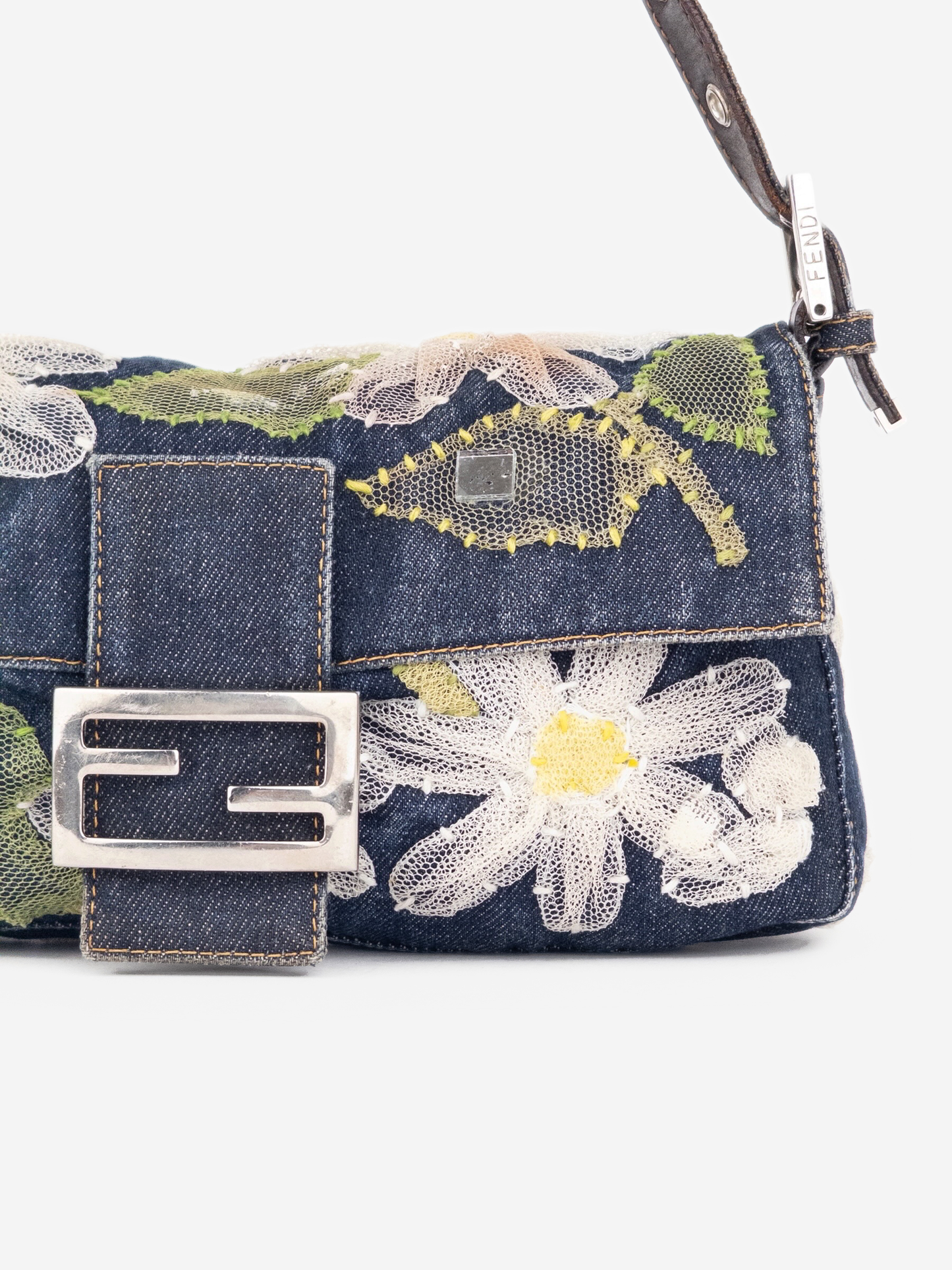 Fendi 2000s Limited Floral Daisy Embroidery Denim Baguette Shoulder Bag