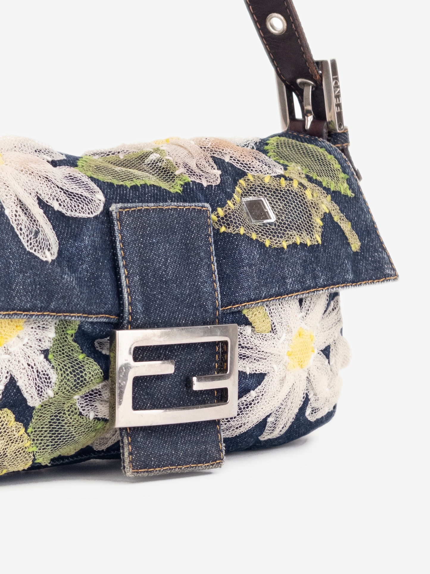 Fendi 2000s Limited Floral Daisy Embroidery Denim Baguette Shoulder Bag