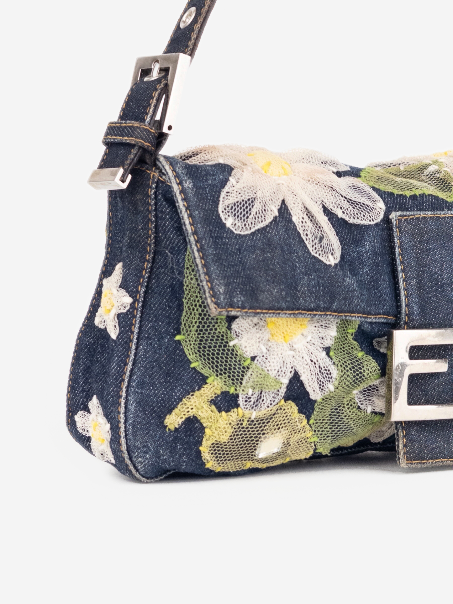 Fendi 2000s Limited Floral Daisy Embroidery Denim Baguette Shoulder Bag