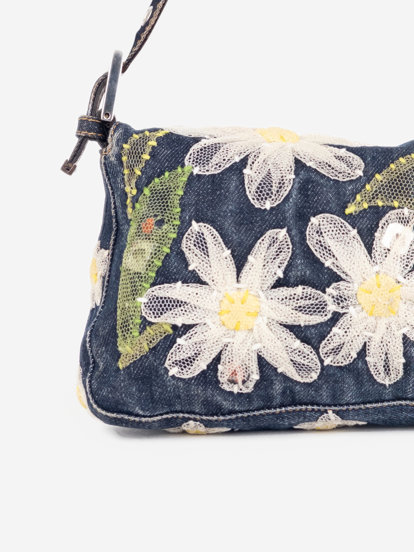 Fendi 2000s Limited Floral Daisy Embroidery Denim Baguette Shoulder Bag