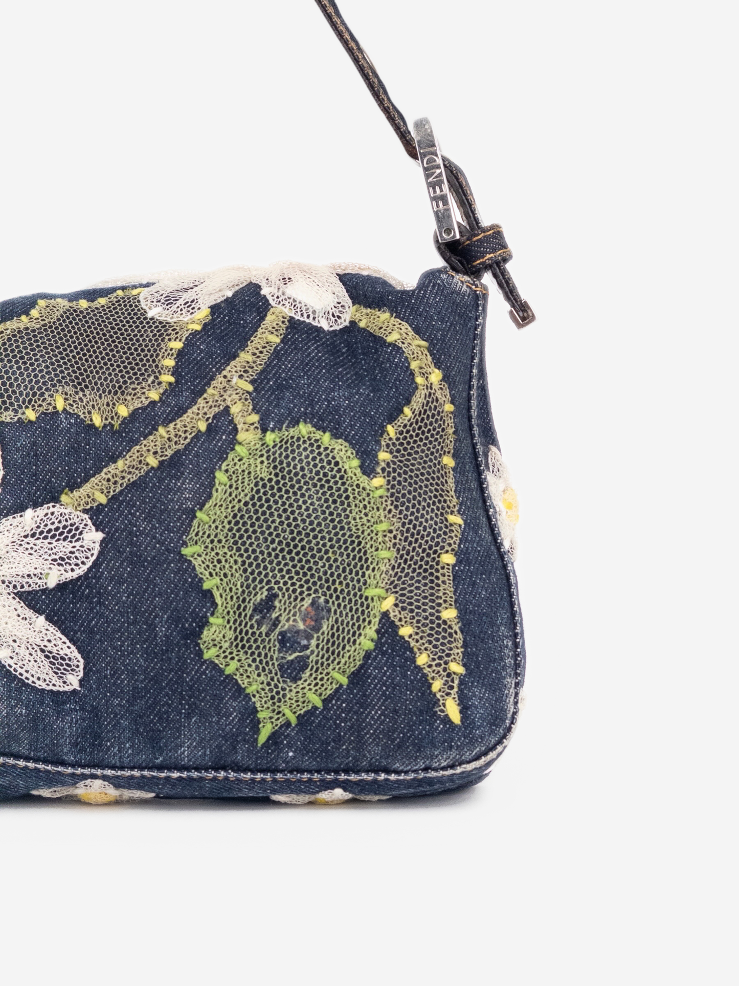 Fendi 2000s Limited Floral Daisy Embroidery Denim Baguette Shoulder Bag