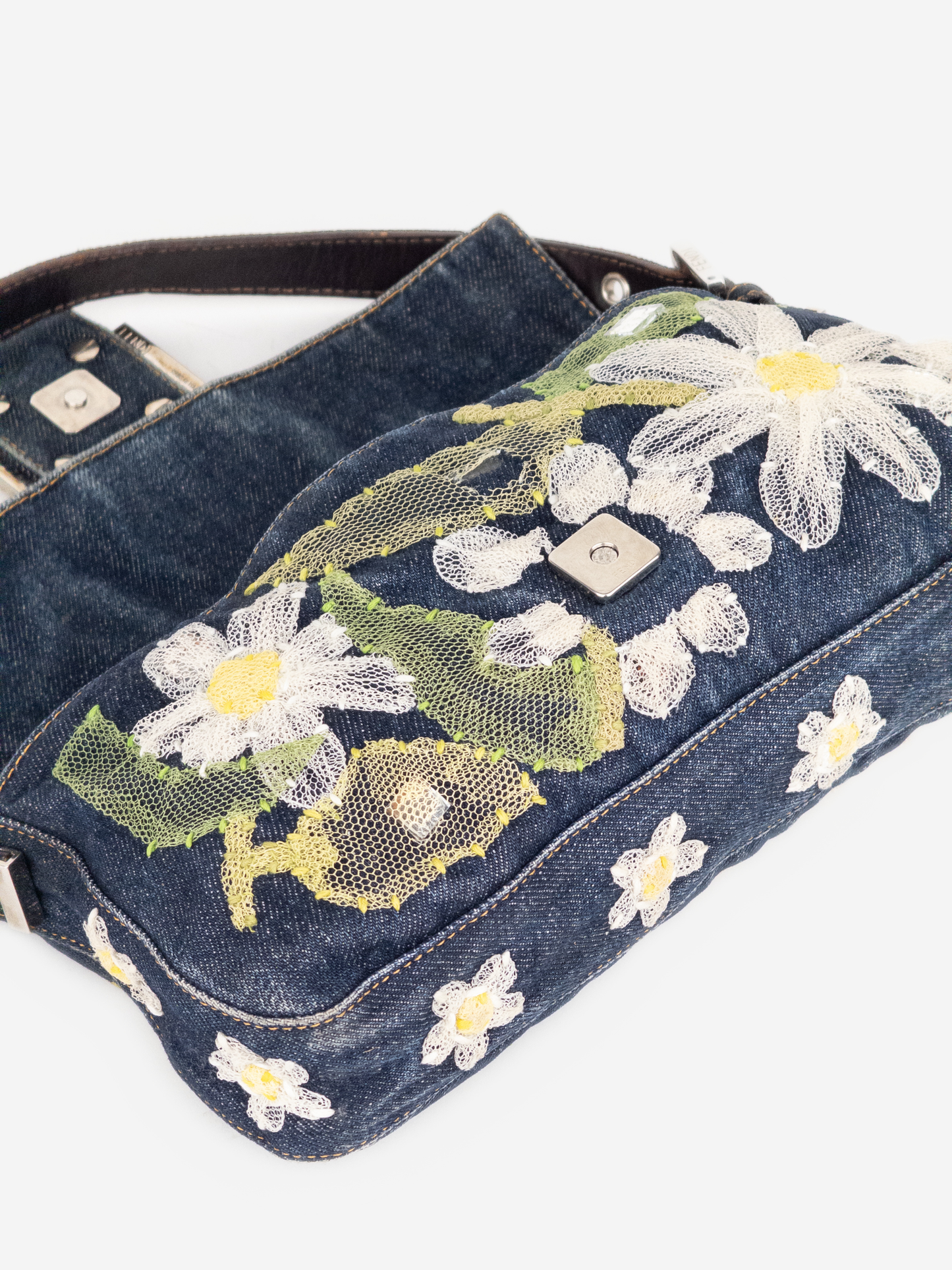 Fendi 2000s Limited Floral Daisy Embroidery Denim Baguette Shoulder Bag