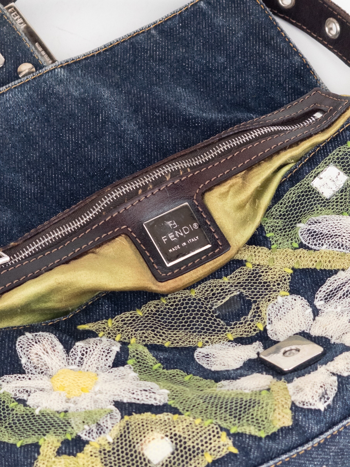 Fendi 2000s Limited Floral Daisy Embroidery Denim Baguette Shoulder Bag